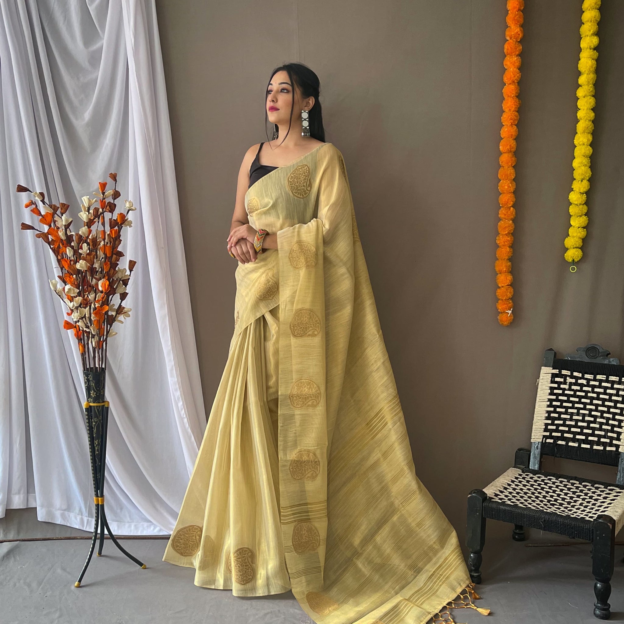 Beige Pure Tissue Silk Zari Weaving Tissue Saree