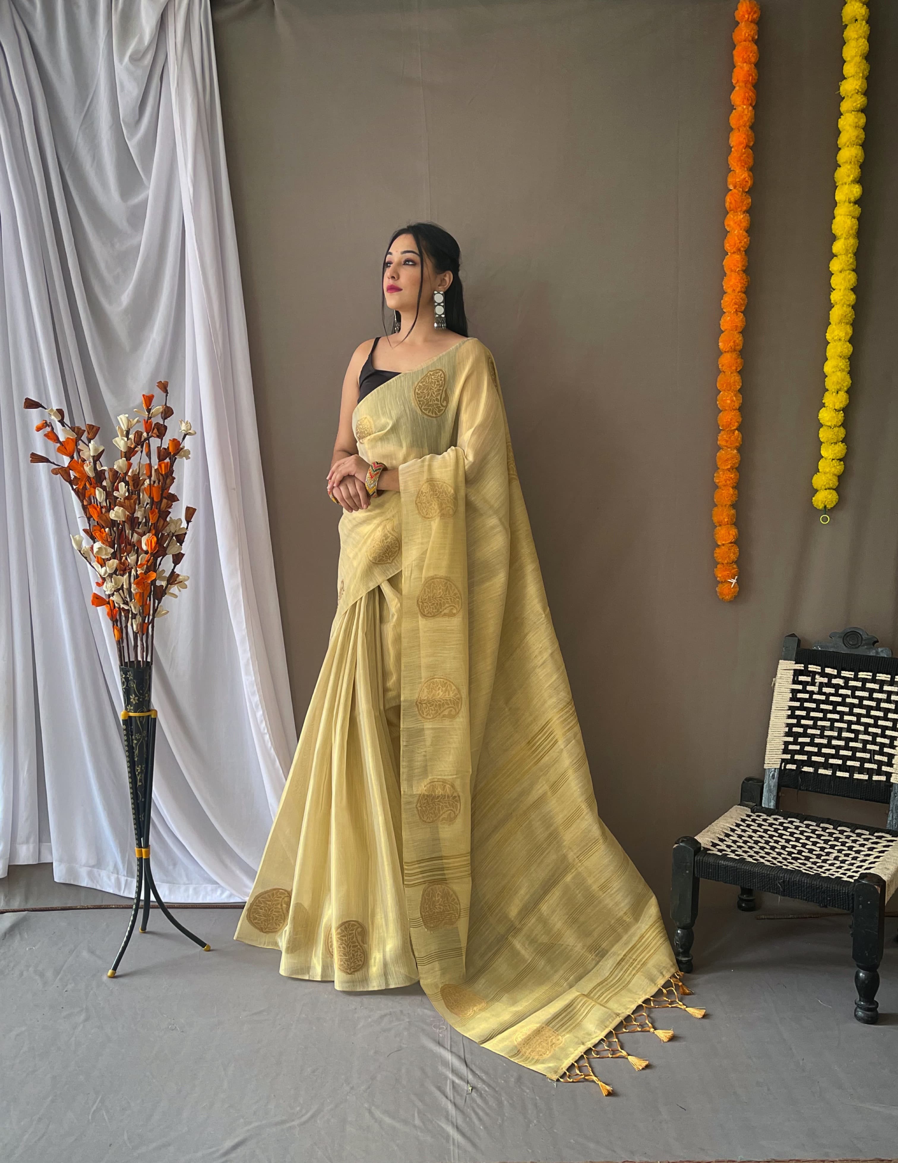 Beige Pure Tissue Silk Zari Weaving Tissue Saree Tissue Saree Anant Tex Exports Pvt.Ltd..