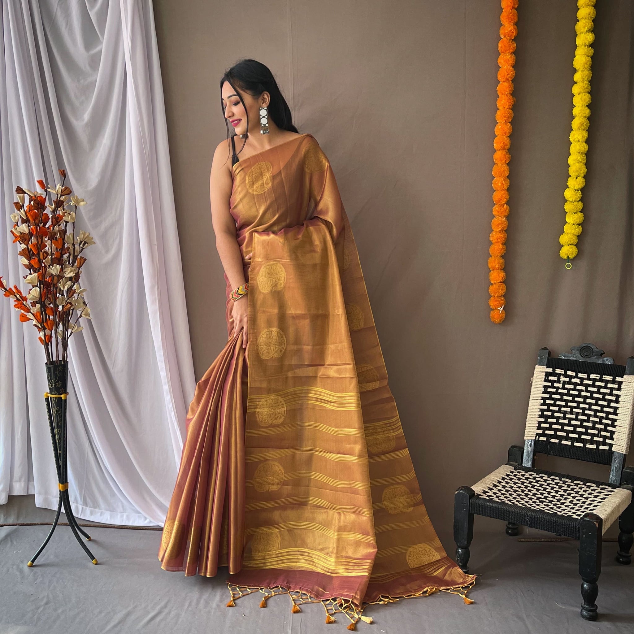 Dusty Brown Pure Tissue Silk Zari Weaving Tissue Saree