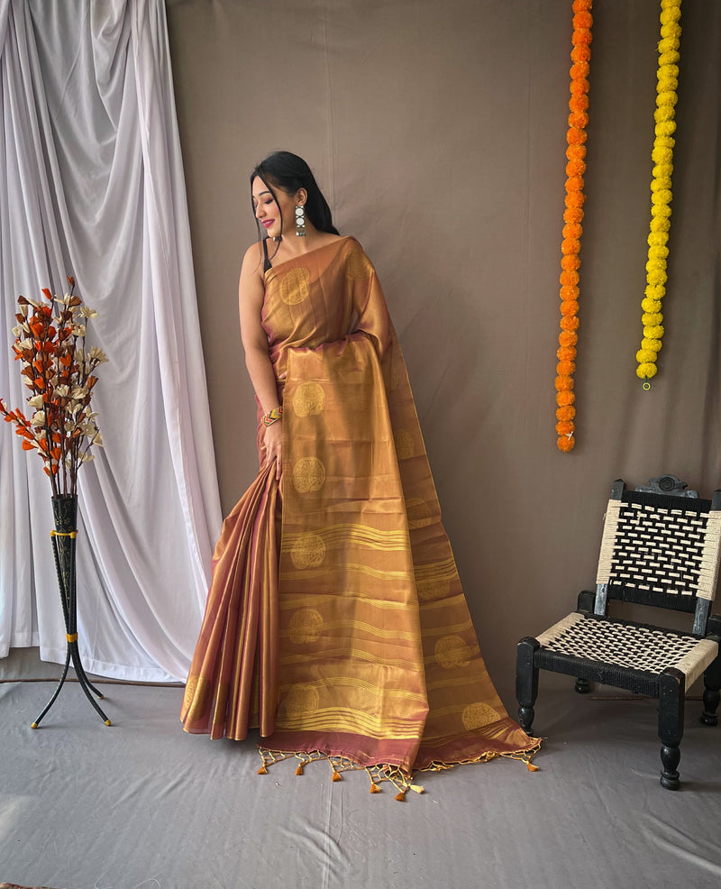 Dusty Brown Pure Tissue Silk Zari Weaving Tissue Saree