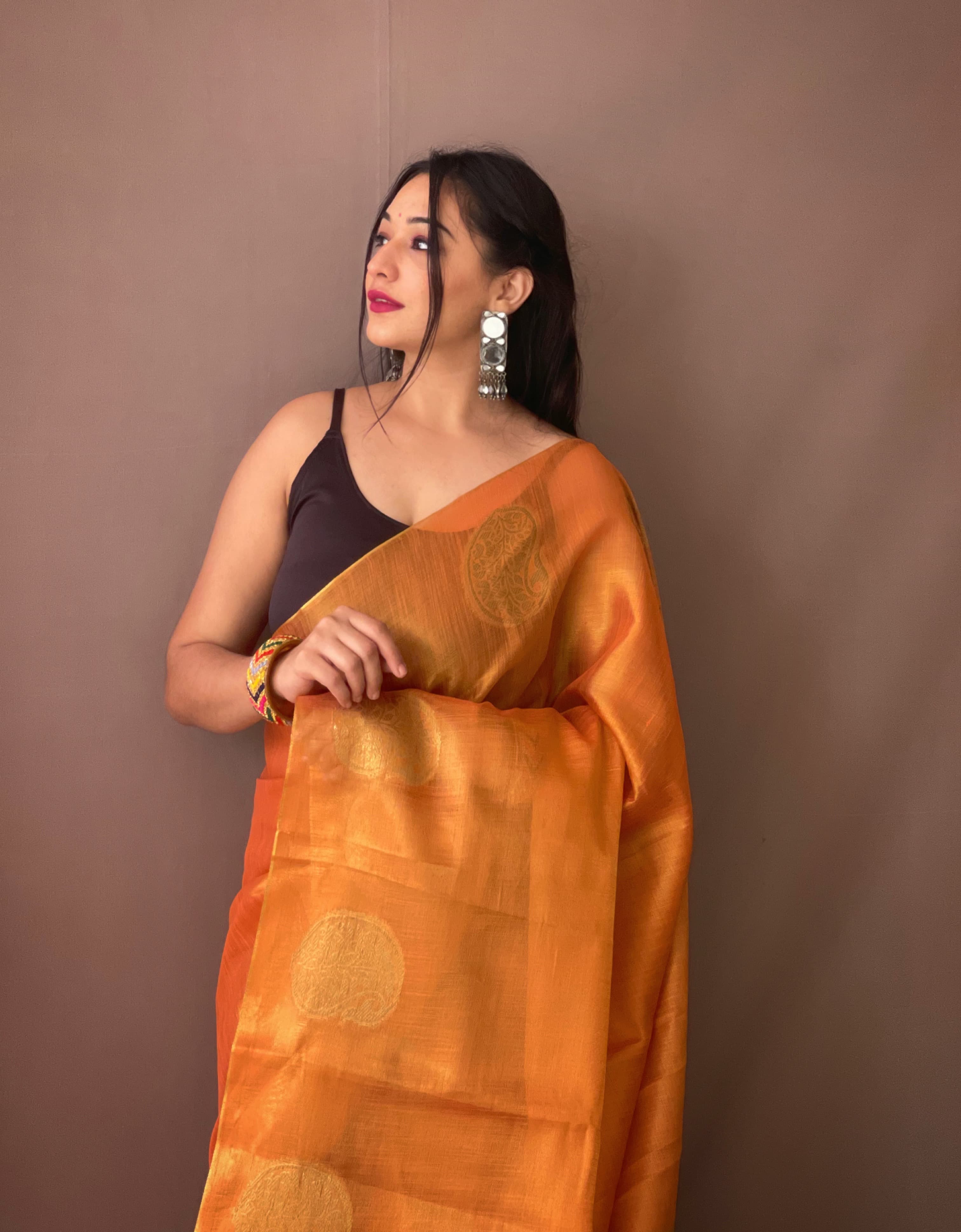 Orange Pure Tissue Silk Zari Weaving Tissue Saree
