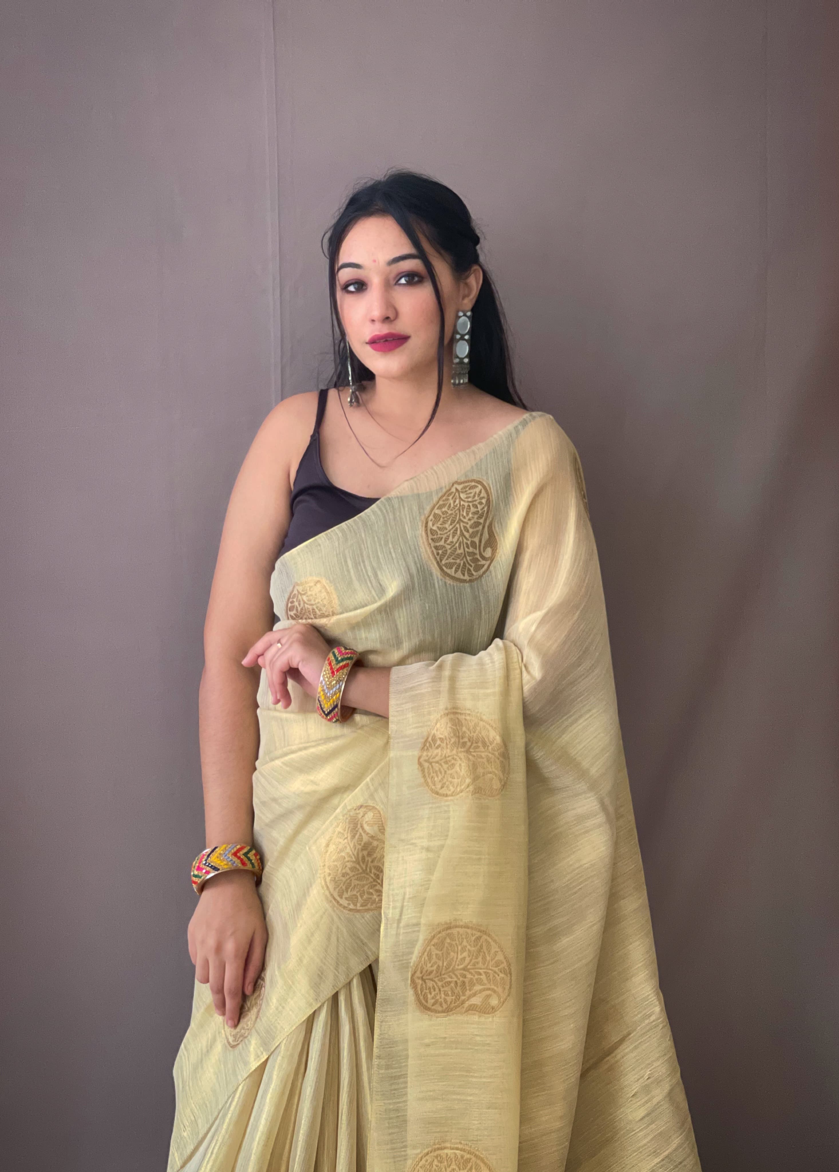 Beige Pure Tissue Silk Zari Weaving Tissue Saree