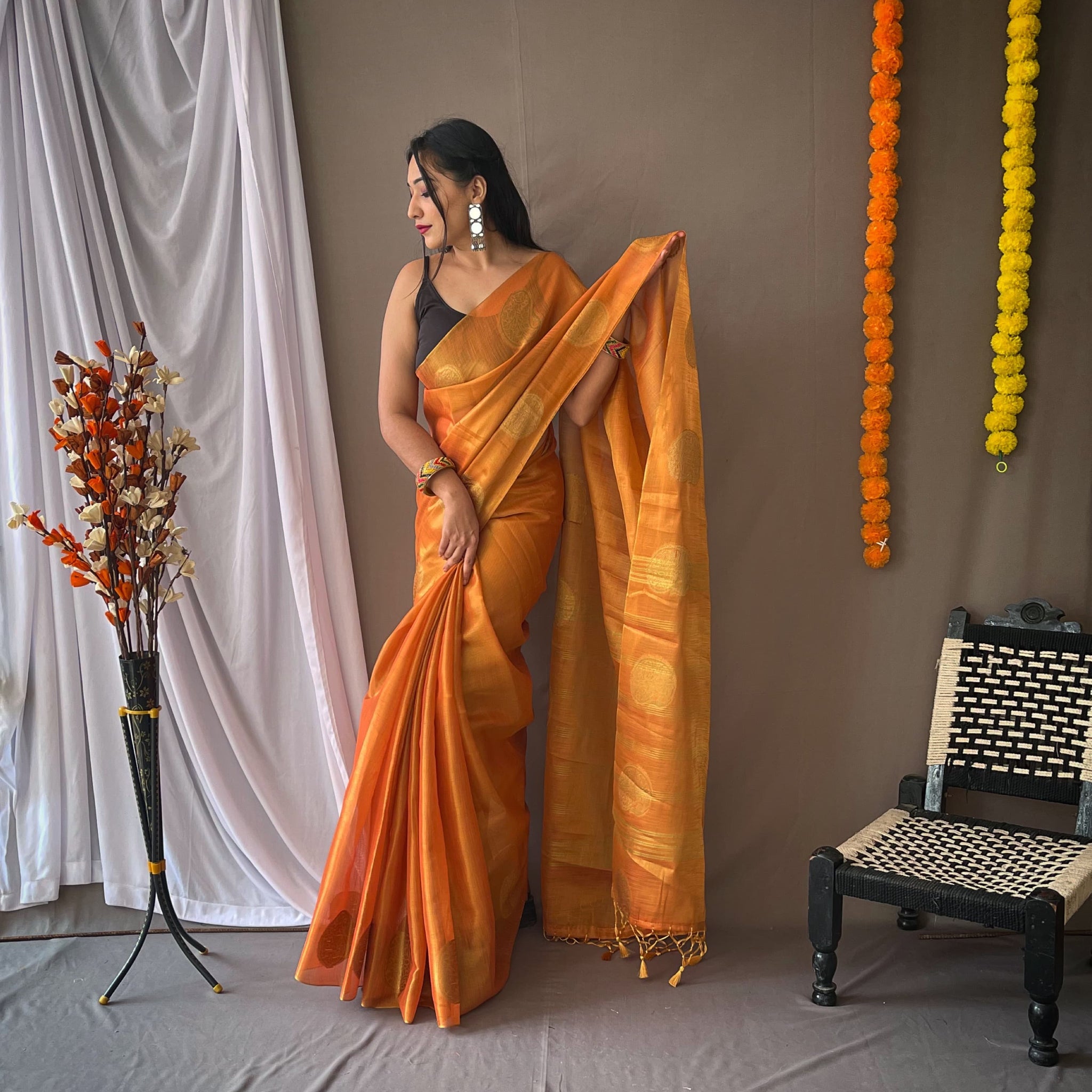 Orange Pure Tissue Silk Zari Weaving Tissue Saree
