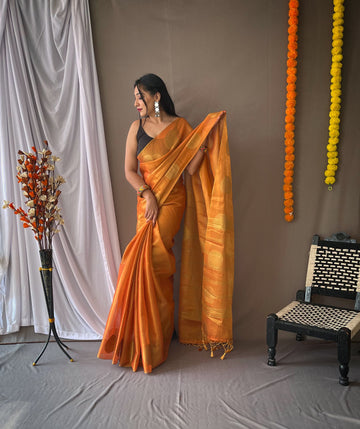 Orange Pure Tissue Silk Zari Weaving Tissue Saree