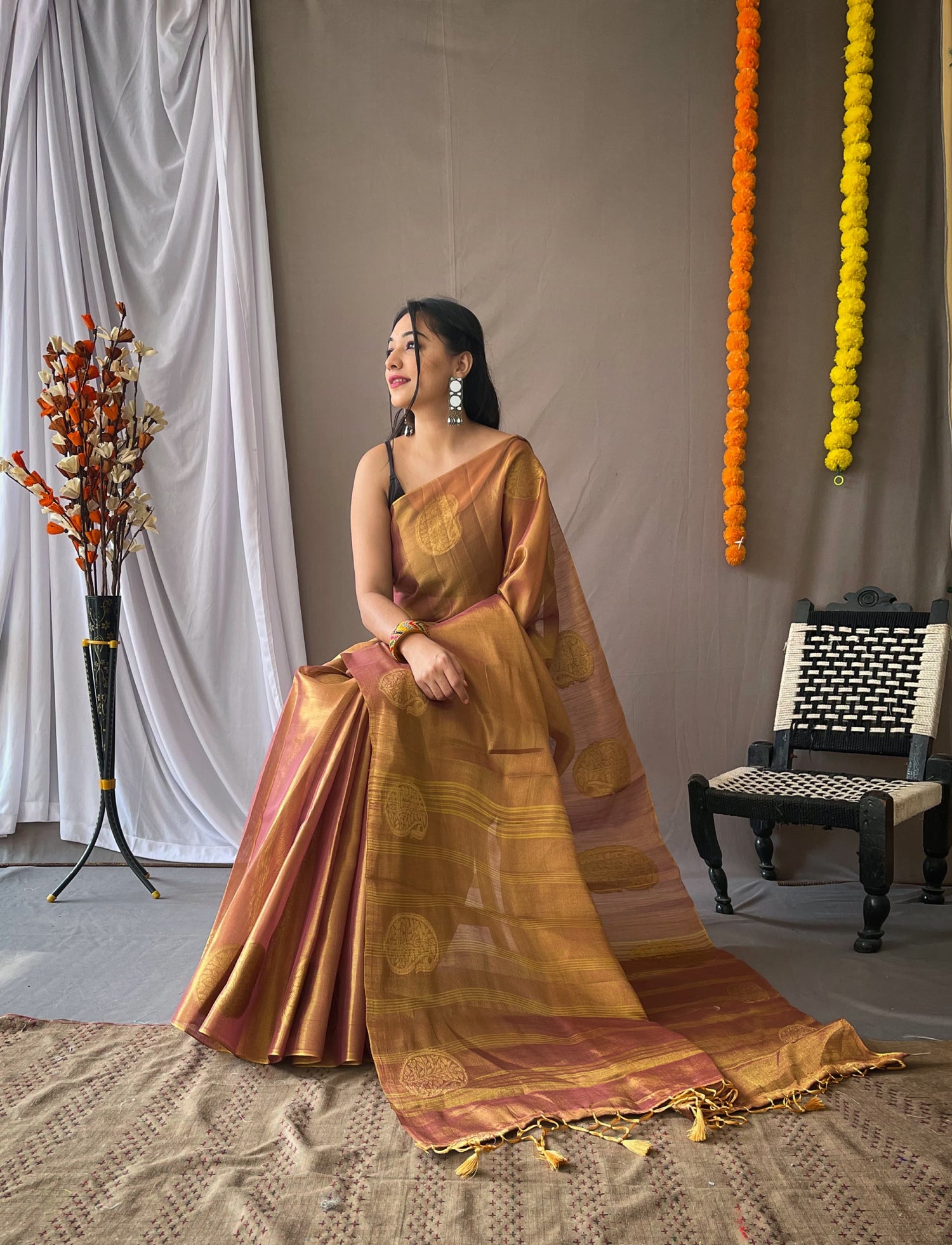 Dusty Brown Pure Tissue Silk Zari Weaving Tissue Saree Tissue Saree Anant Tex Exports Pvt.Ltd..