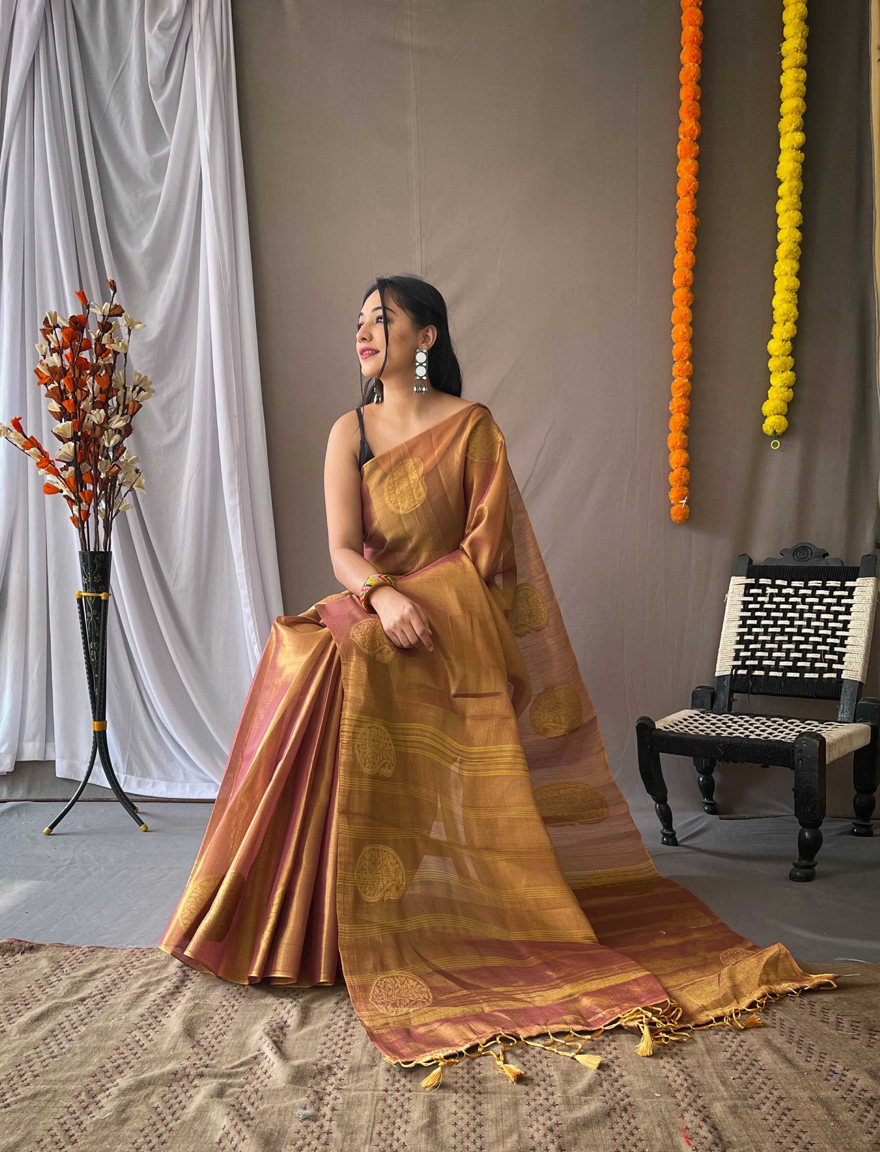 Dusty Brown Pure Tissue Silk Zari Weaving Tissue Saree Tissue Saree Anant Tex Exports Pvt.Ltd..