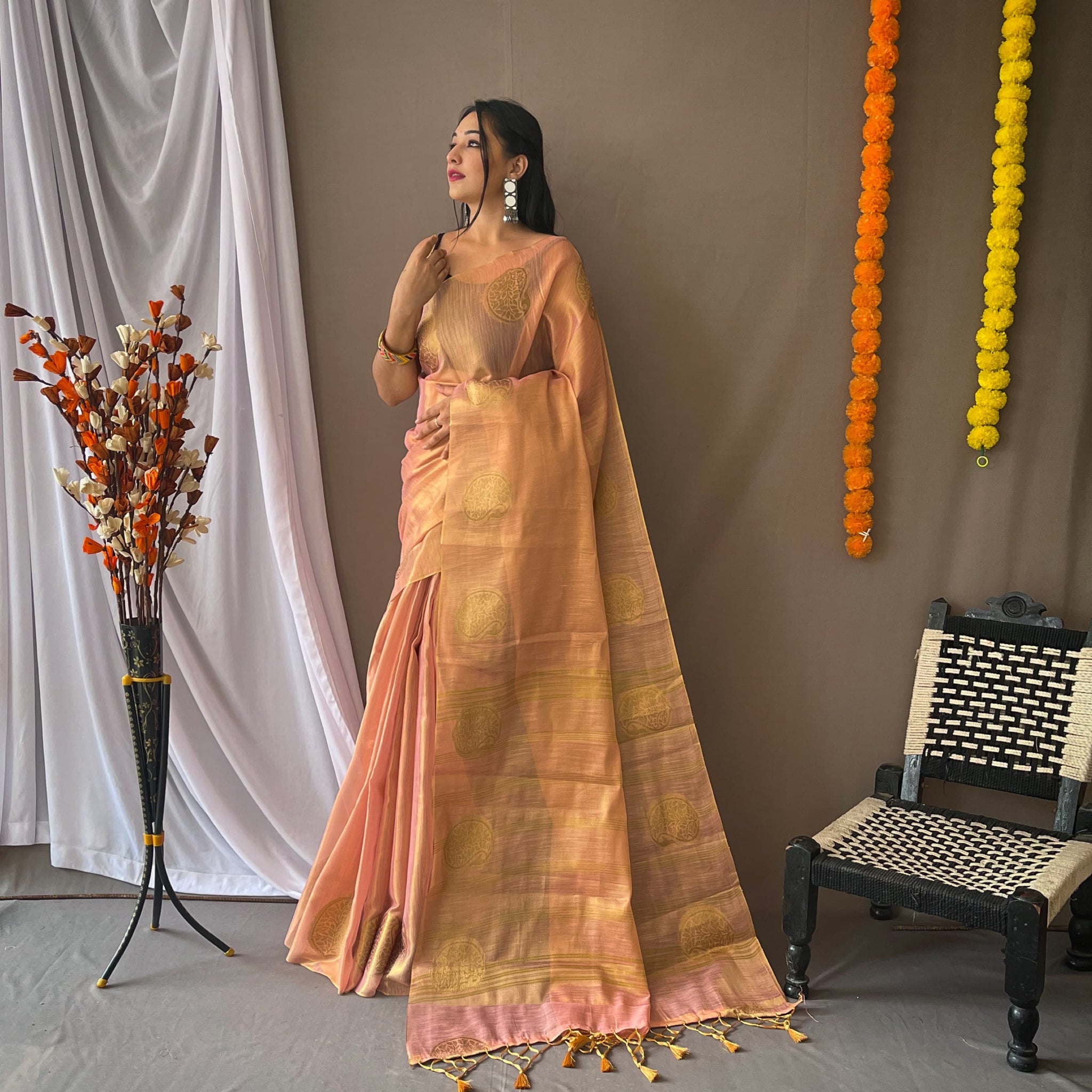 Peach Pure Tissue Silk Zari Weaving Tissue Saree