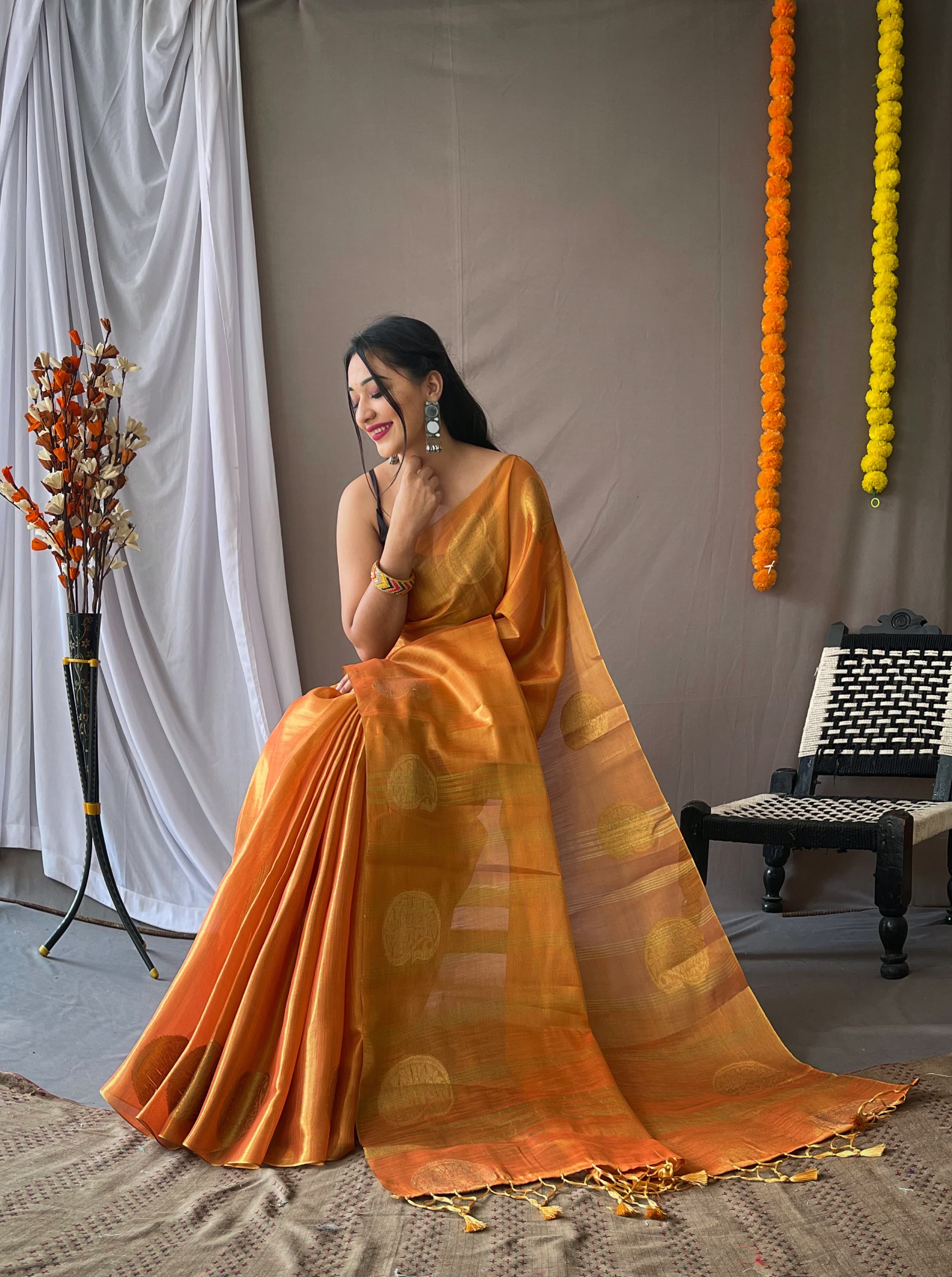 Orange Pure Tissue Silk Zari Weaving Tissue Saree