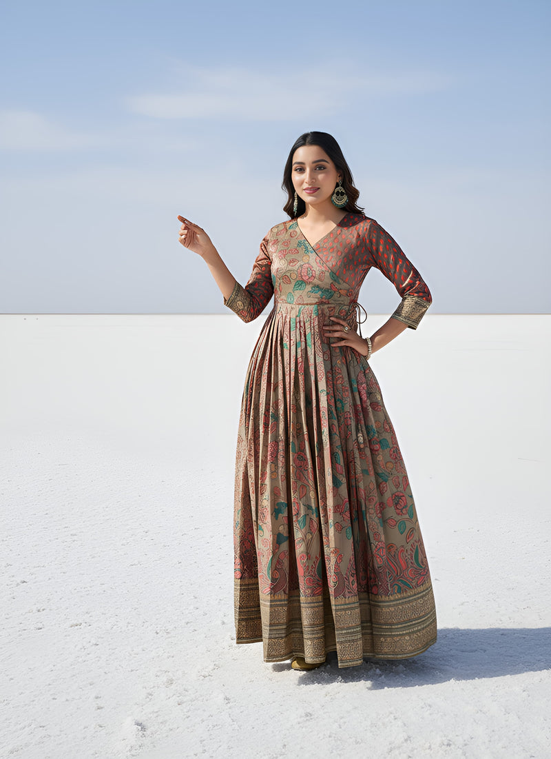 Being Green Pure Silk Blend Kalamkari Anarkali Gown