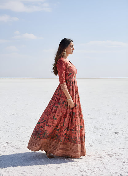 Peach Pure Silk Blend Kalamkari Anarkali Gown Anarkali Gown Anant Tex Exports Pvt.Ltd..