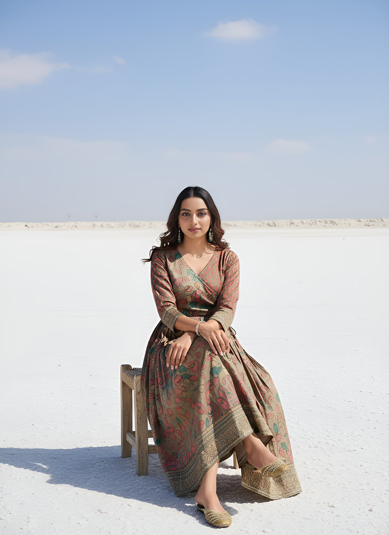 Being Green Pure Silk Blend Kalamkari Anarkali Gown