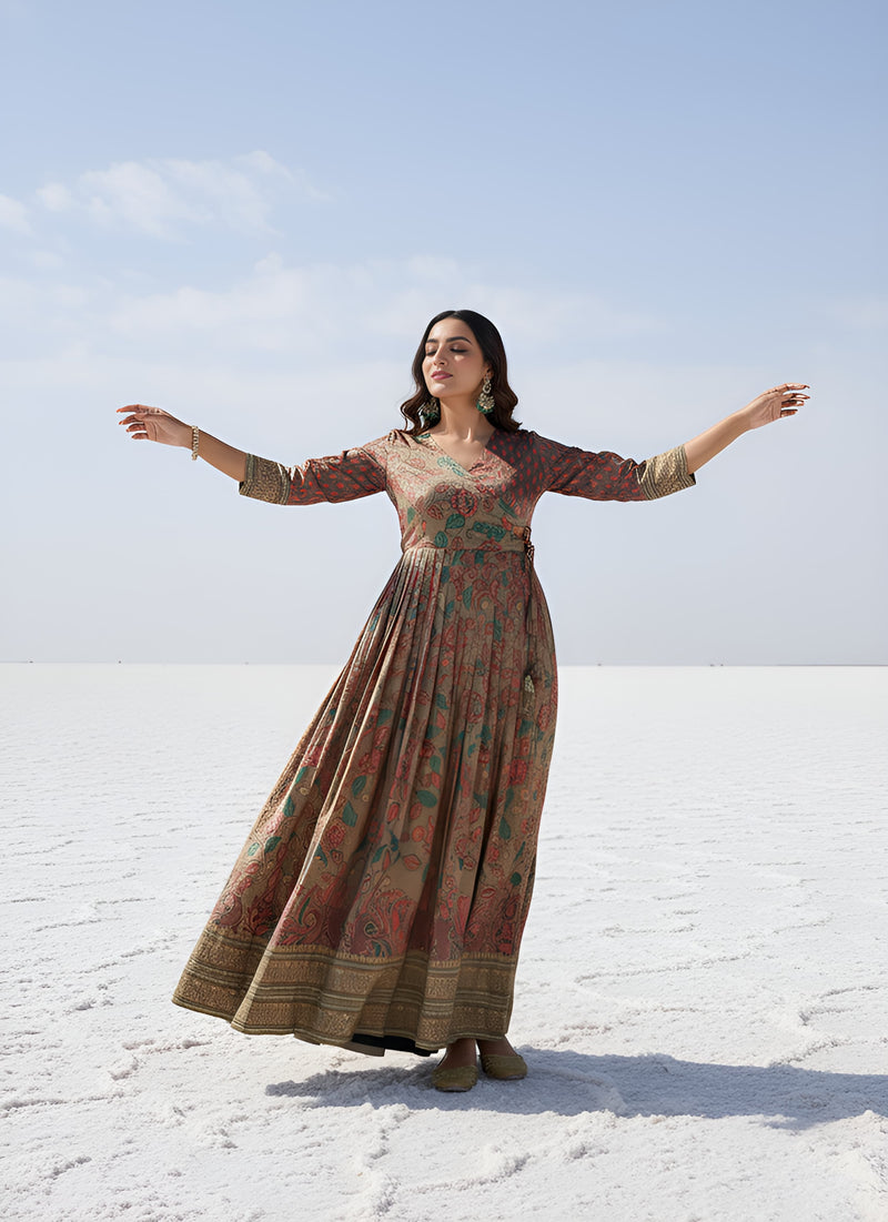 Being Green Pure Silk Blend Kalamkari Anarkali Gown