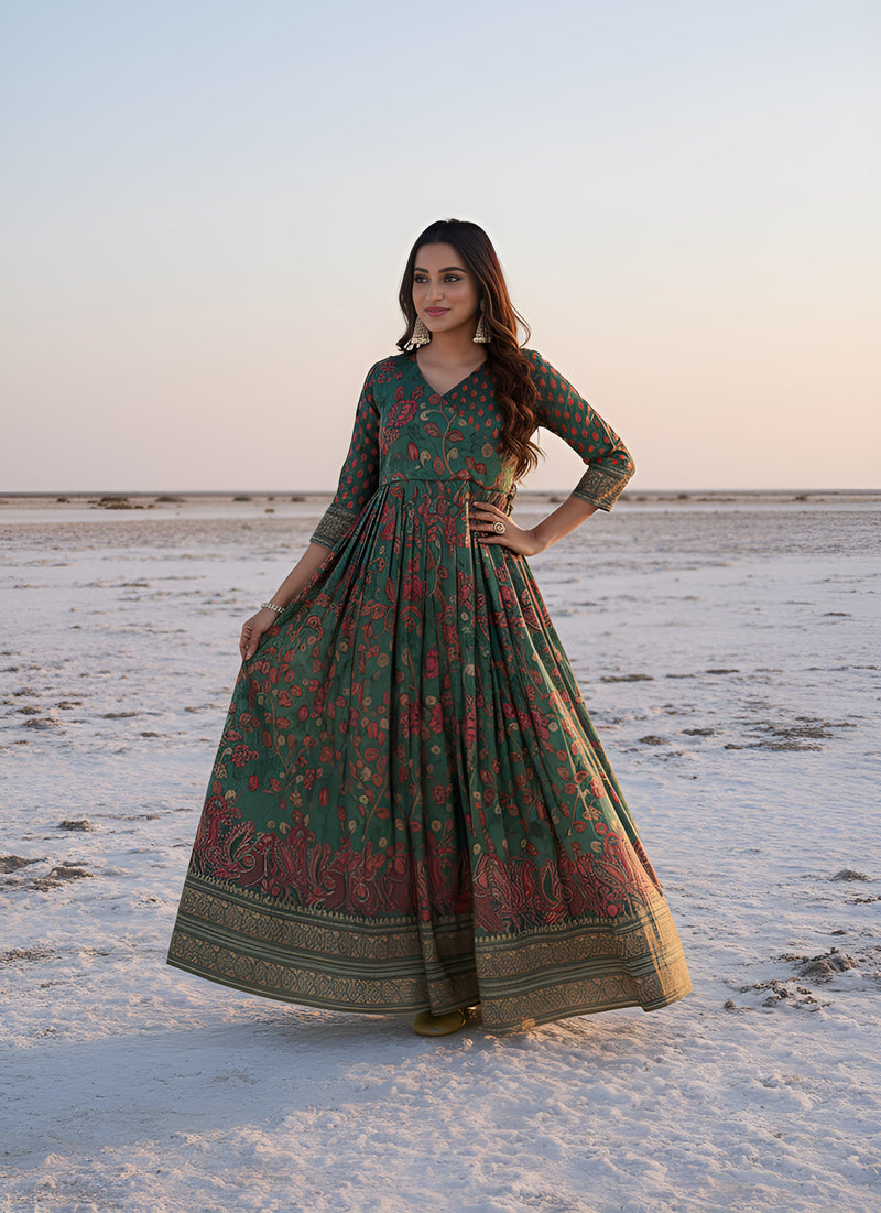 Green Pure Silk Blend Kalamkari Anarkali Gown