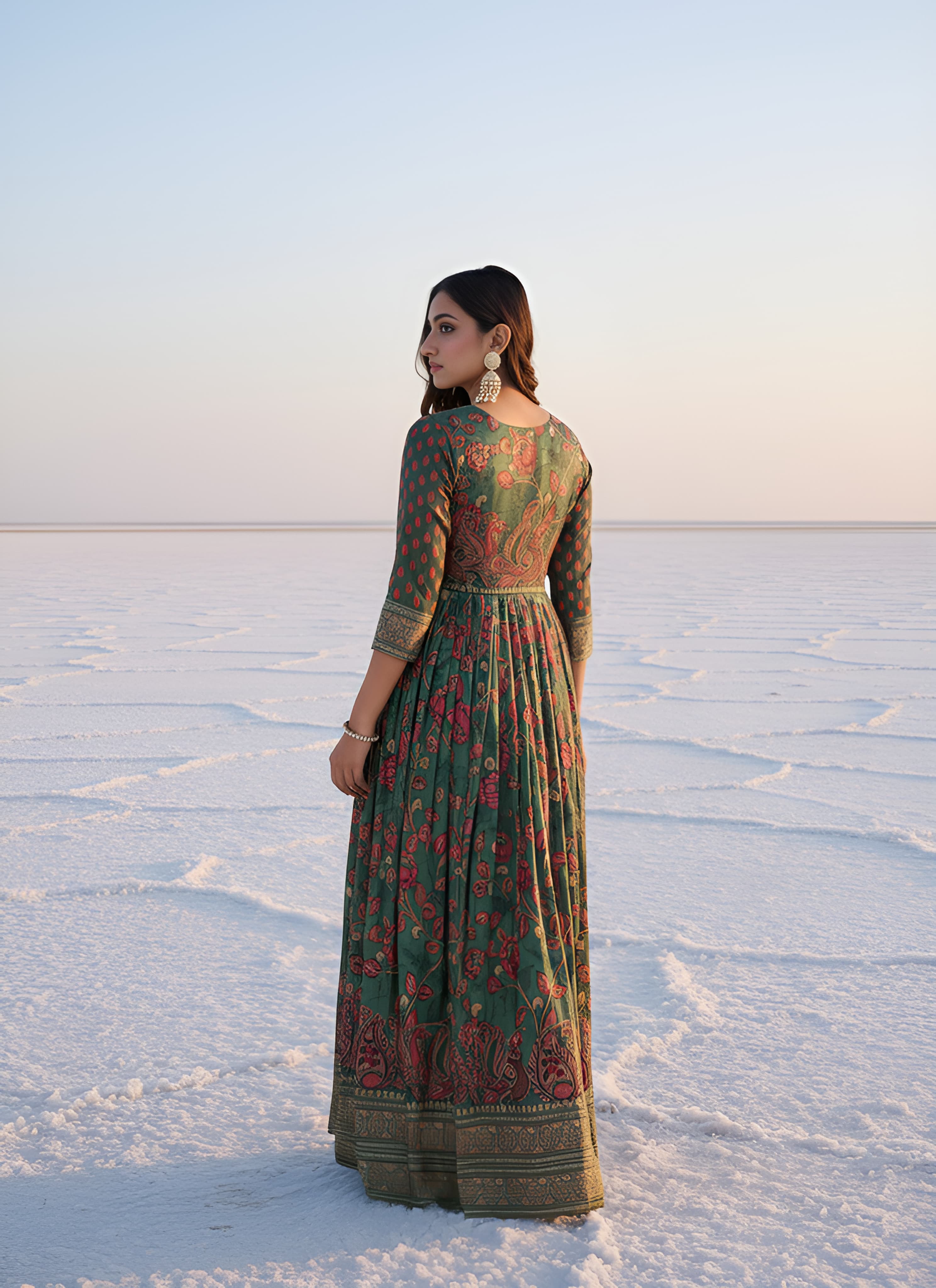 Green Pure Silk Blend Kalamkari Anarkali Gown