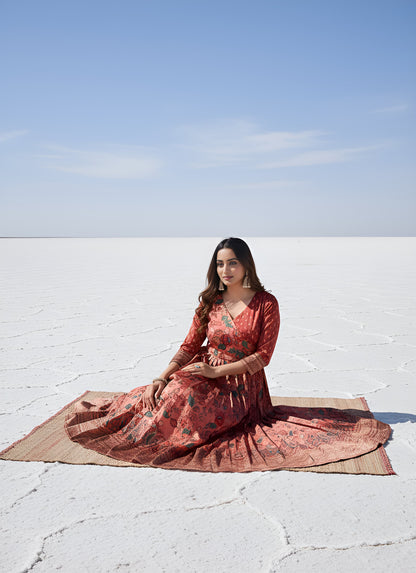 Peach Pure Silk Blend Kalamkari Anarkali Gown Anarkali Gown Anant Tex Exports Pvt.Ltd..