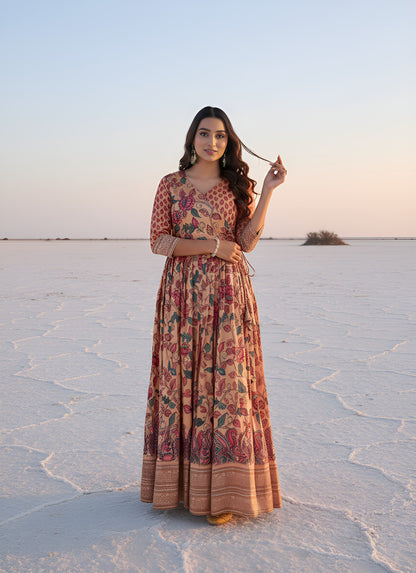 Salmon Peach Pure Silk Blend Kalamkari Anarkali Gown Anarkali Gown Anant Tex Exports Pvt.Ltd..