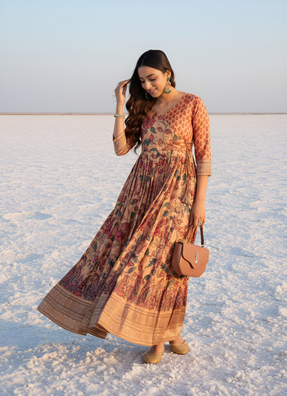 Salmon Peach Pure Silk Blend Kalamkari Anarkali Gown Anarkali Gown Anant Tex Exports Pvt.Ltd..