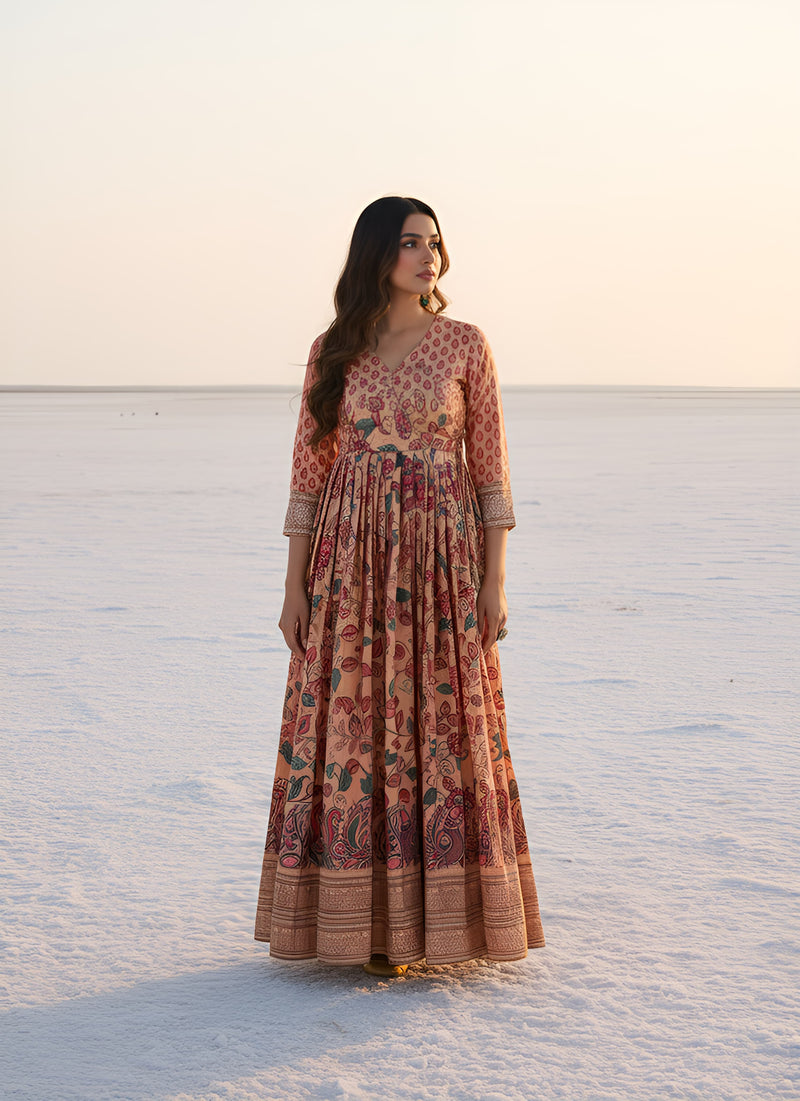 Salmon Peach Pure Silk Blend Kalamkari Anarkali Gown