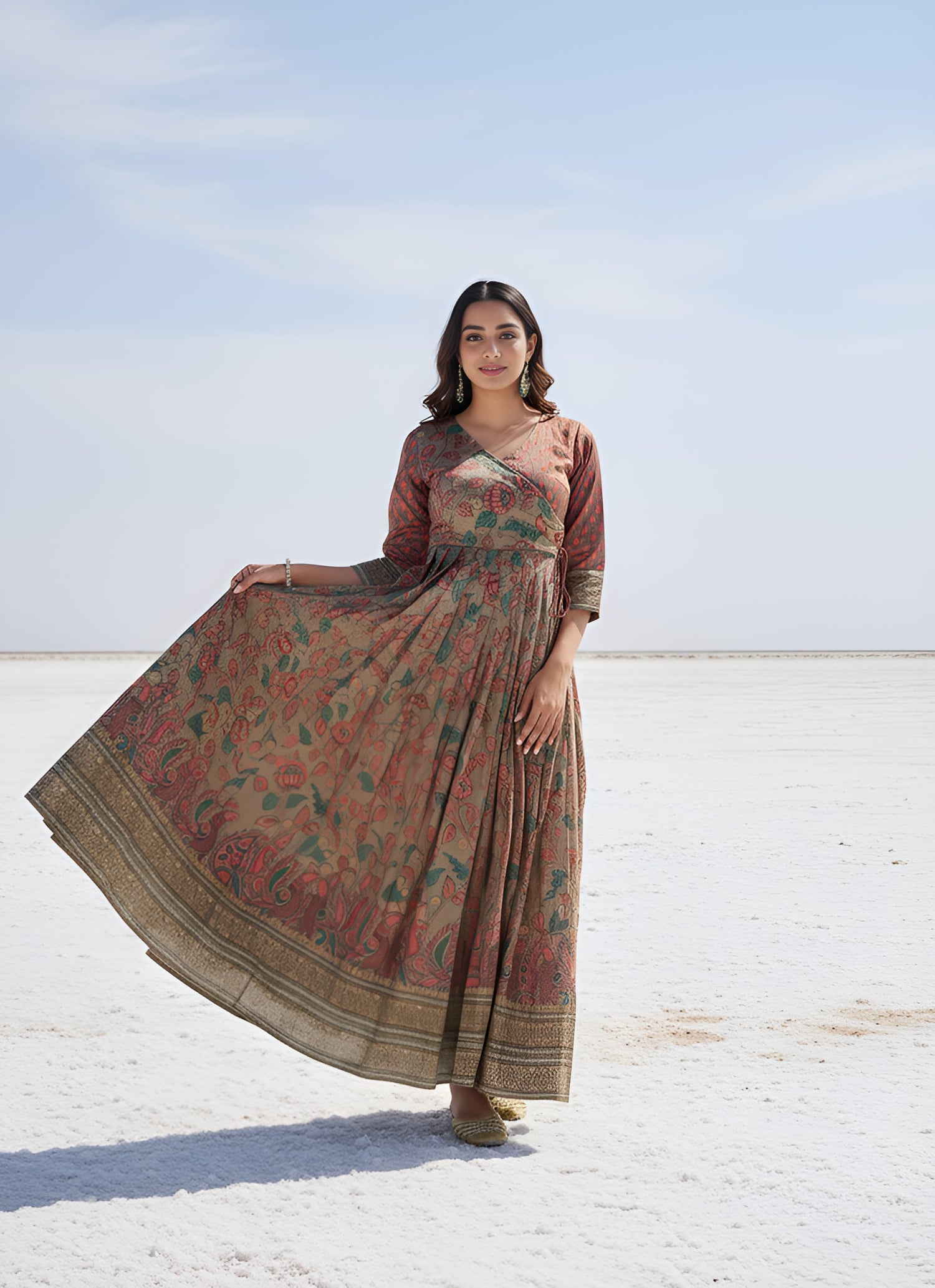 Being Green Pure Silk Blend Kalamkari Anarkali Gown Anarkali Gown Anant Tex Exports Pvt.Ltd..