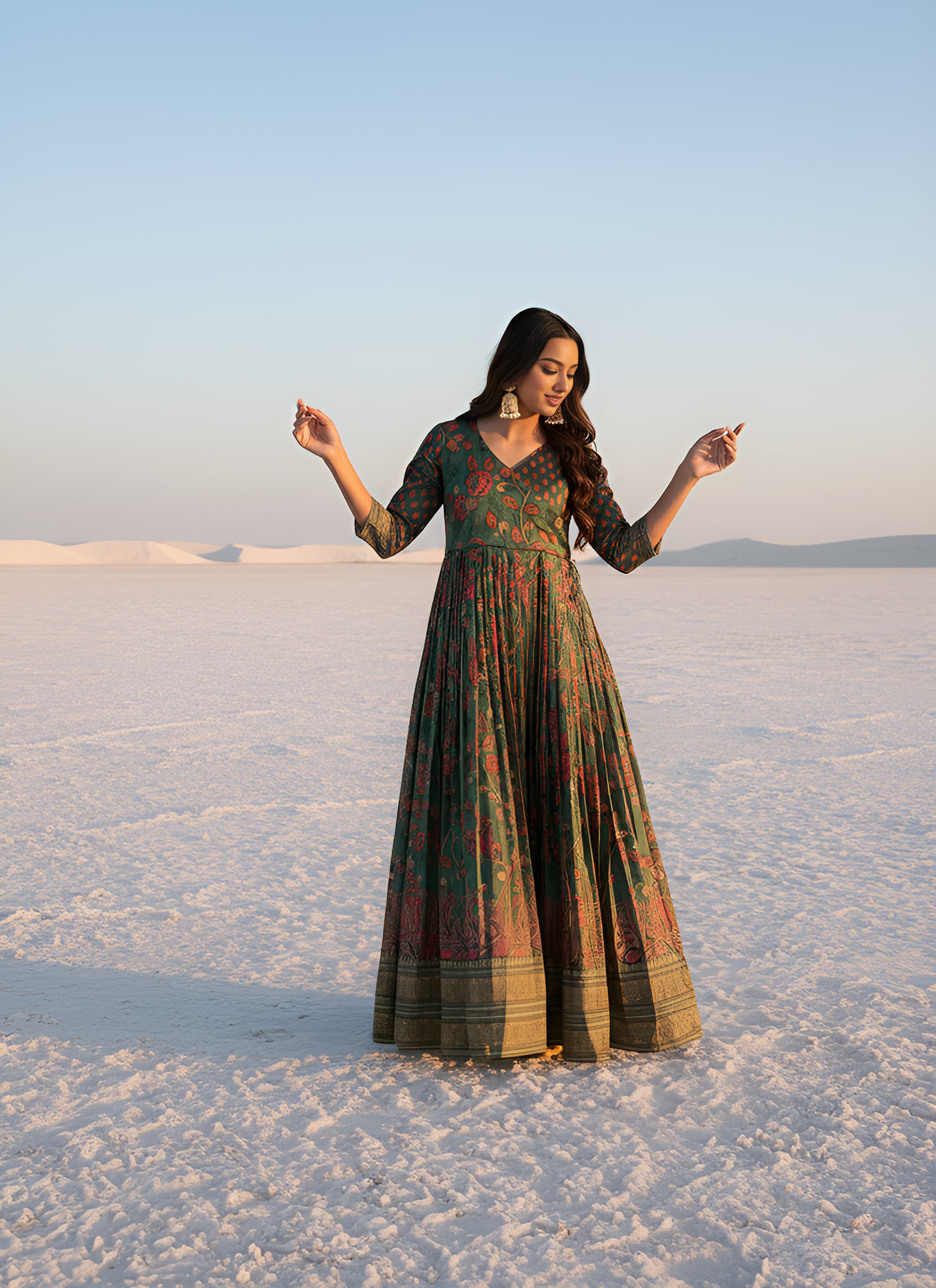 Green Pure Silk Blend Kalamkari Anarkali Gown