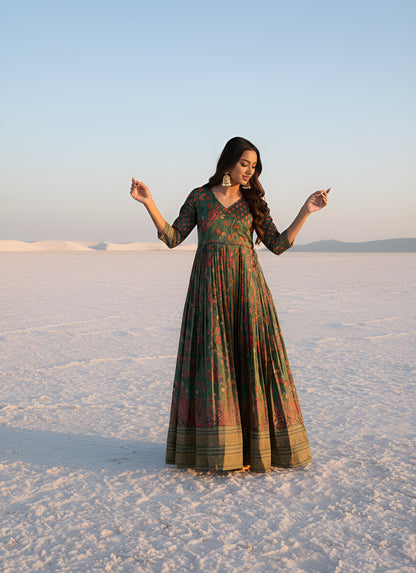 Green Pure Silk Blend Kalamkari Anarkali Gown Anarkali Gown Anant Tex Exports Pvt.Ltd..