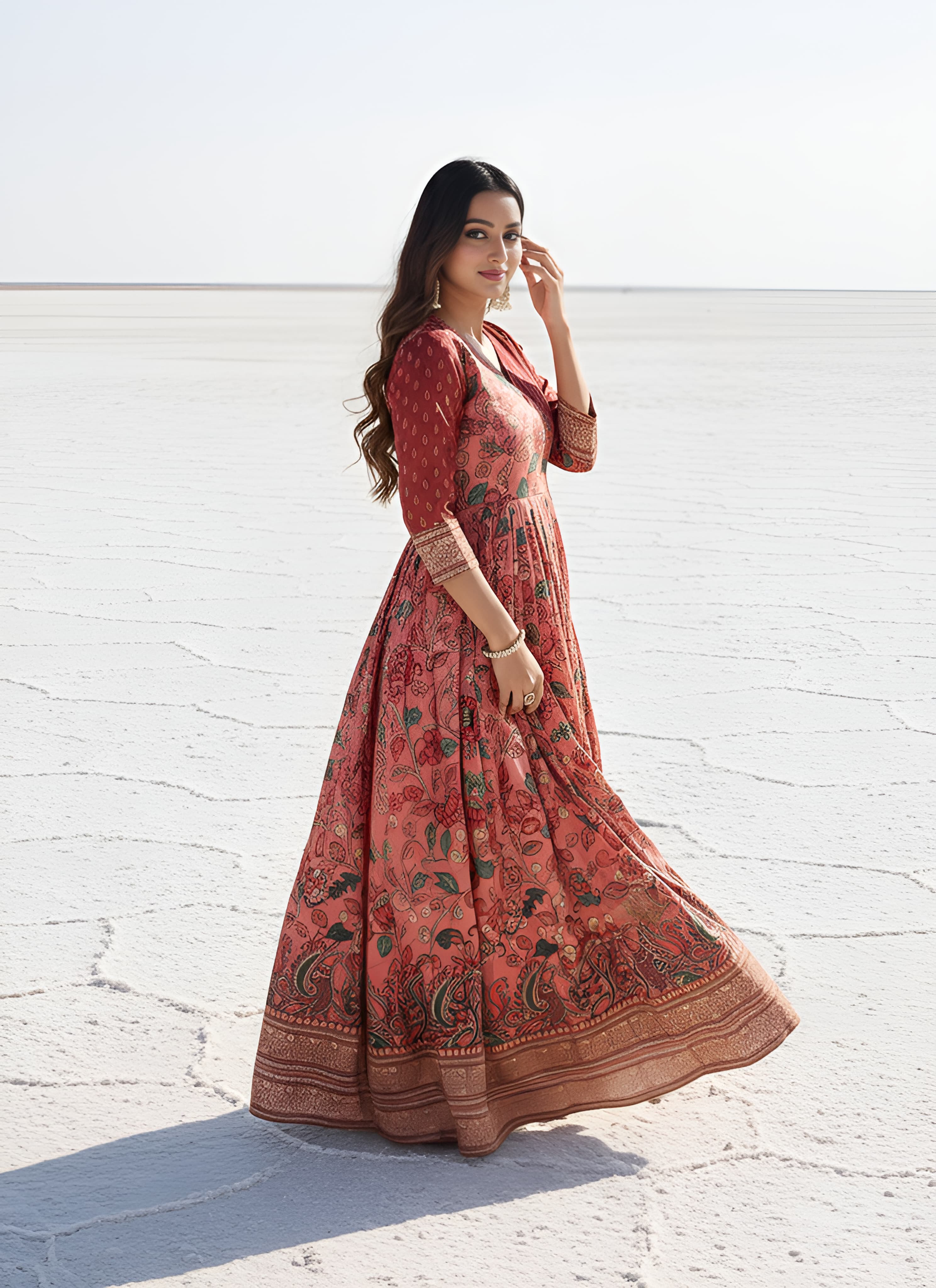 Peach Pure Silk Blend Kalamkari Anarkali Gown Anarkali Gown Anant Tex Exports Pvt.Ltd..