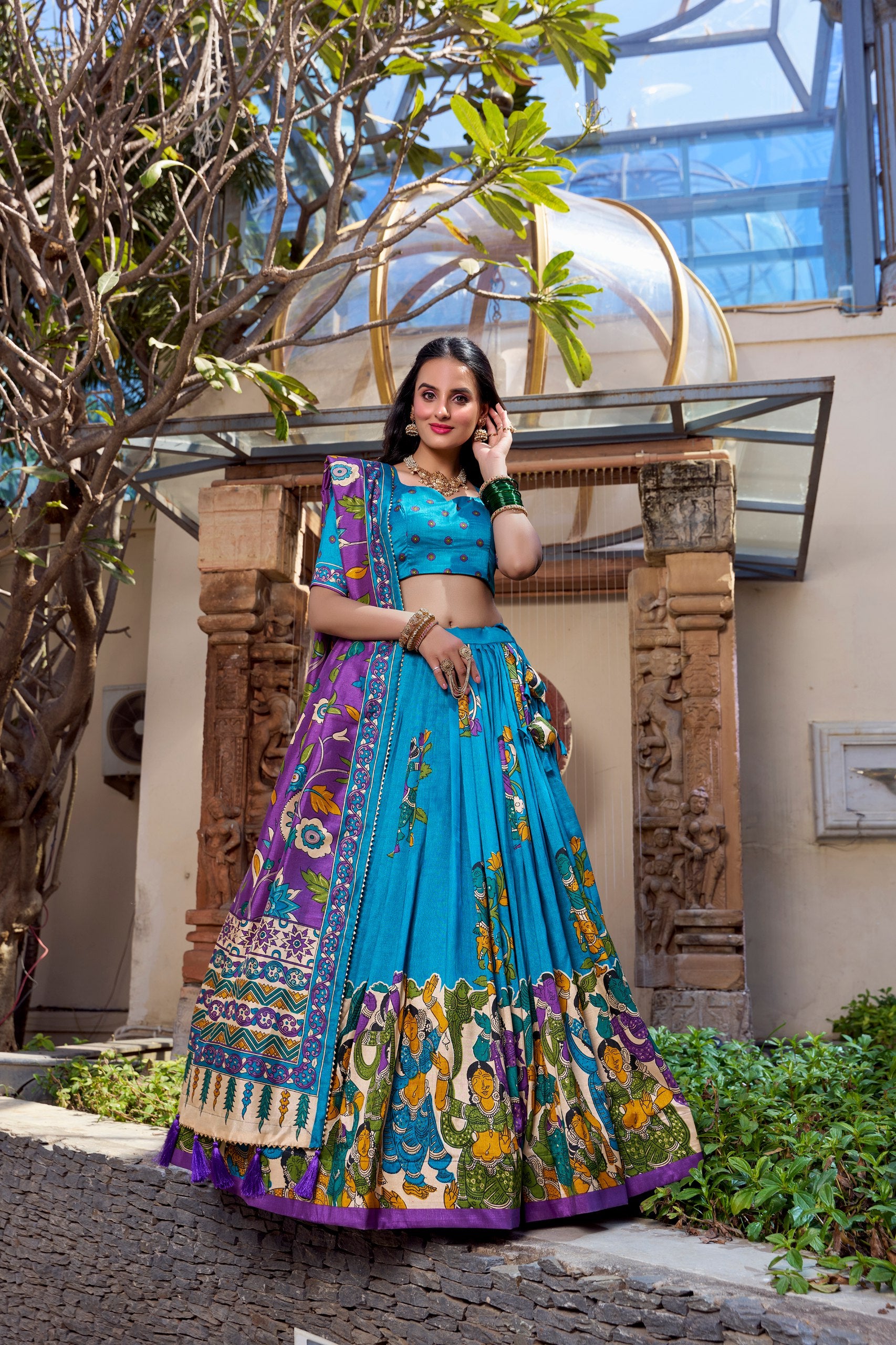 Firozi Pure Tussar Silk Kalamkari Print Lehenga Choli Kalamkari Lehenga Anant Tex Exports Pvt.Ltd..