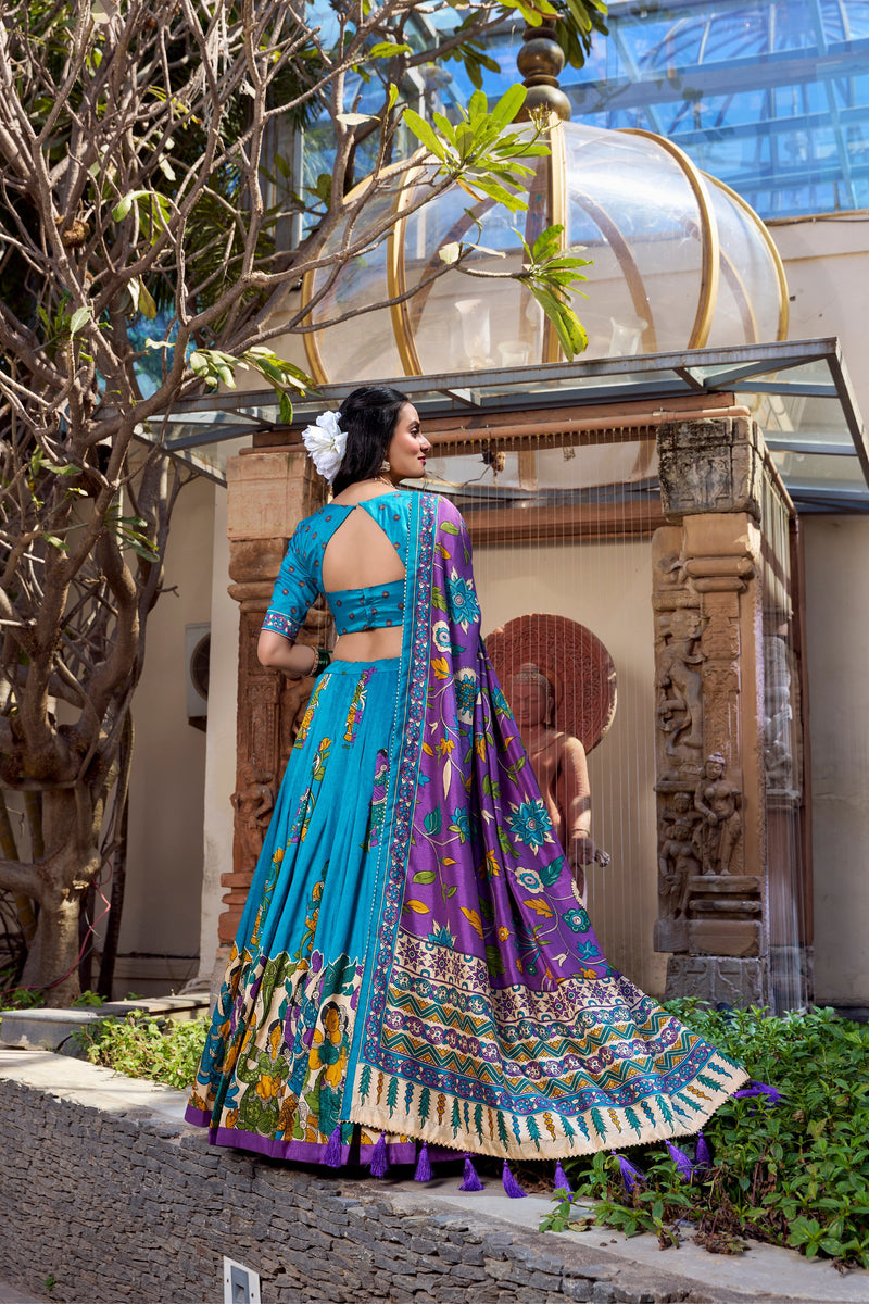 Firozi Pure Tussar Silk Kalamkari Print Lehenga Choli