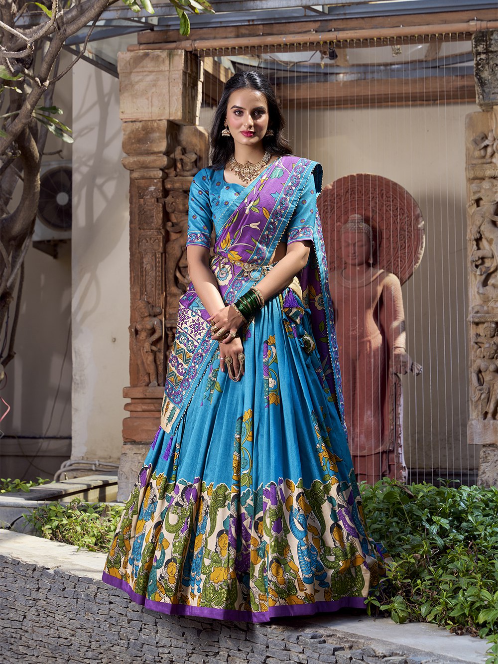 Firozi Pure Tussar Silk Kalamkari Print Lehenga Choli