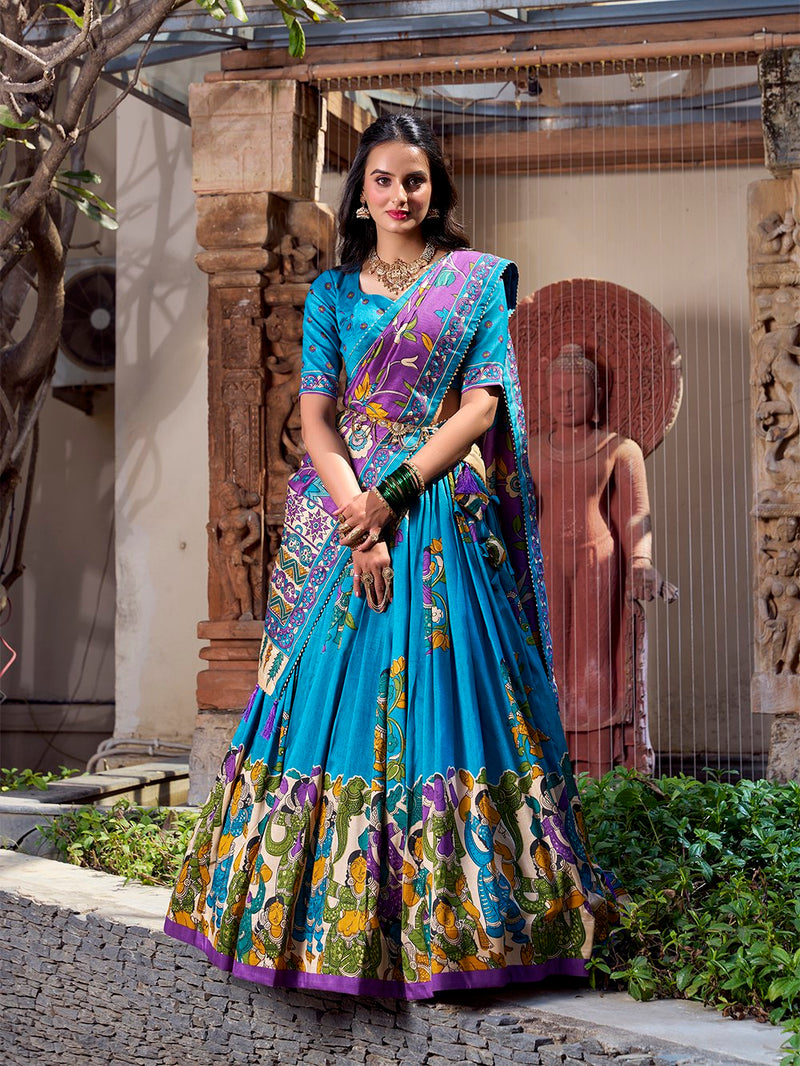 Firozi Pure Tussar Silk Kalamkari Print Lehenga Choli