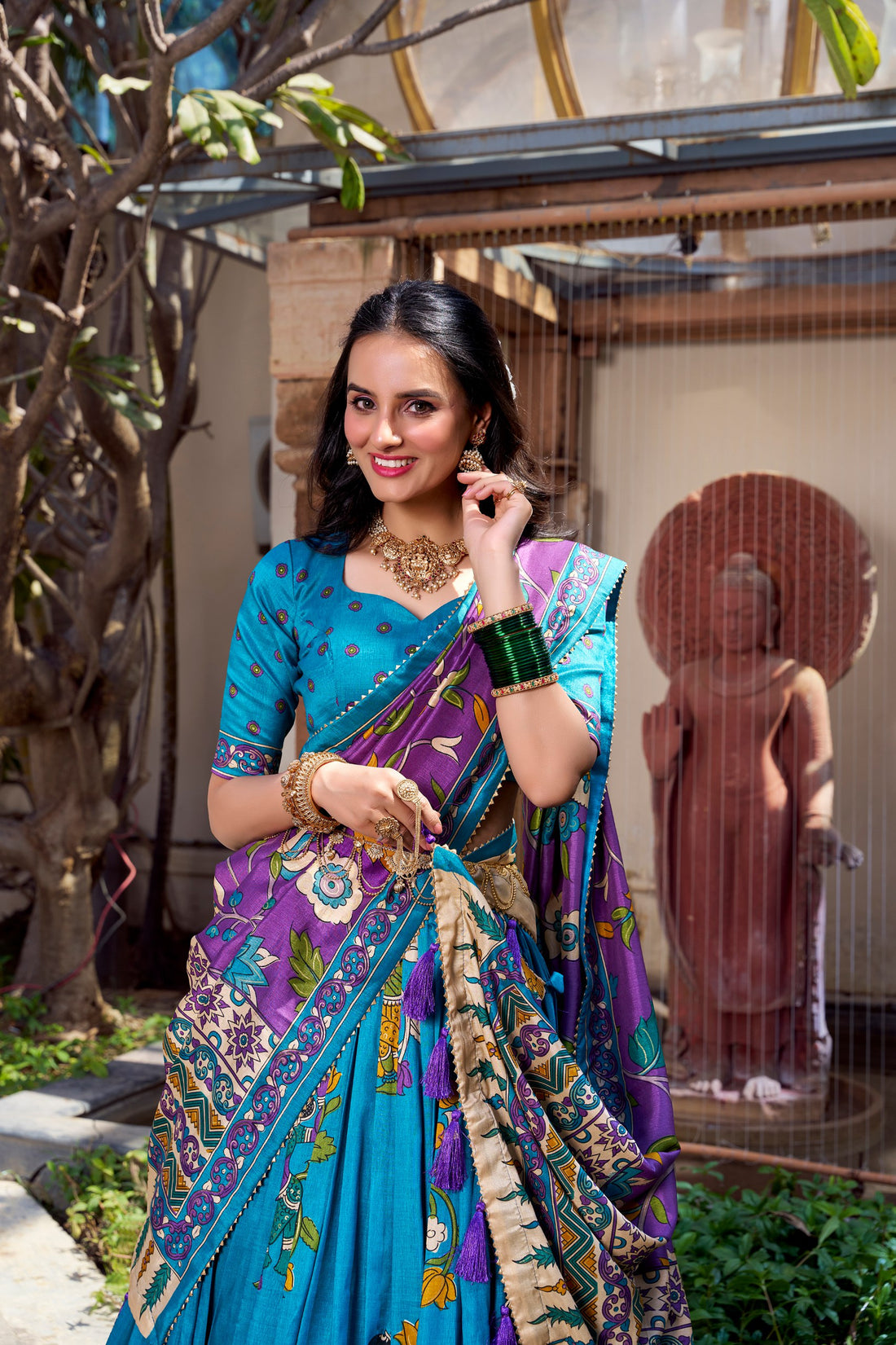 Firozi Pure Tussar Silk Kalamkari Print Lehenga Choli Kalamkari Lehenga Anant Tex Exports Pvt.Ltd..