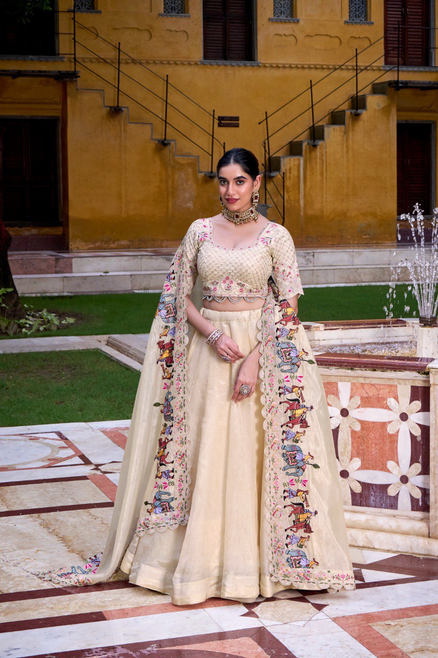 Off-white Pure Raspberry Silk Lehenga Choli