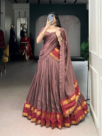 Brown Pure Chanderi Silk Zari Weaving Lehenga Choli South Lehenga Choli Anant Tex Exports Pvt.Ltd..