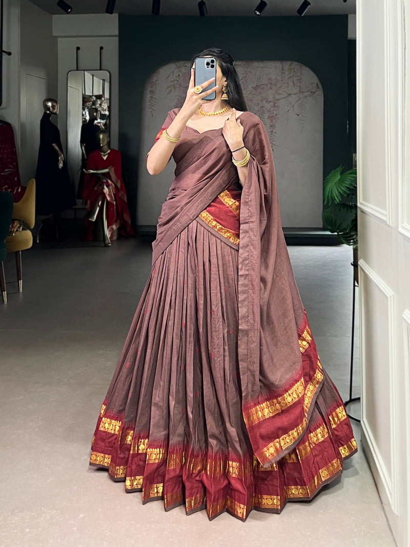 Brown Pure Chanderi Silk Zari Weaving Lehenga Choli