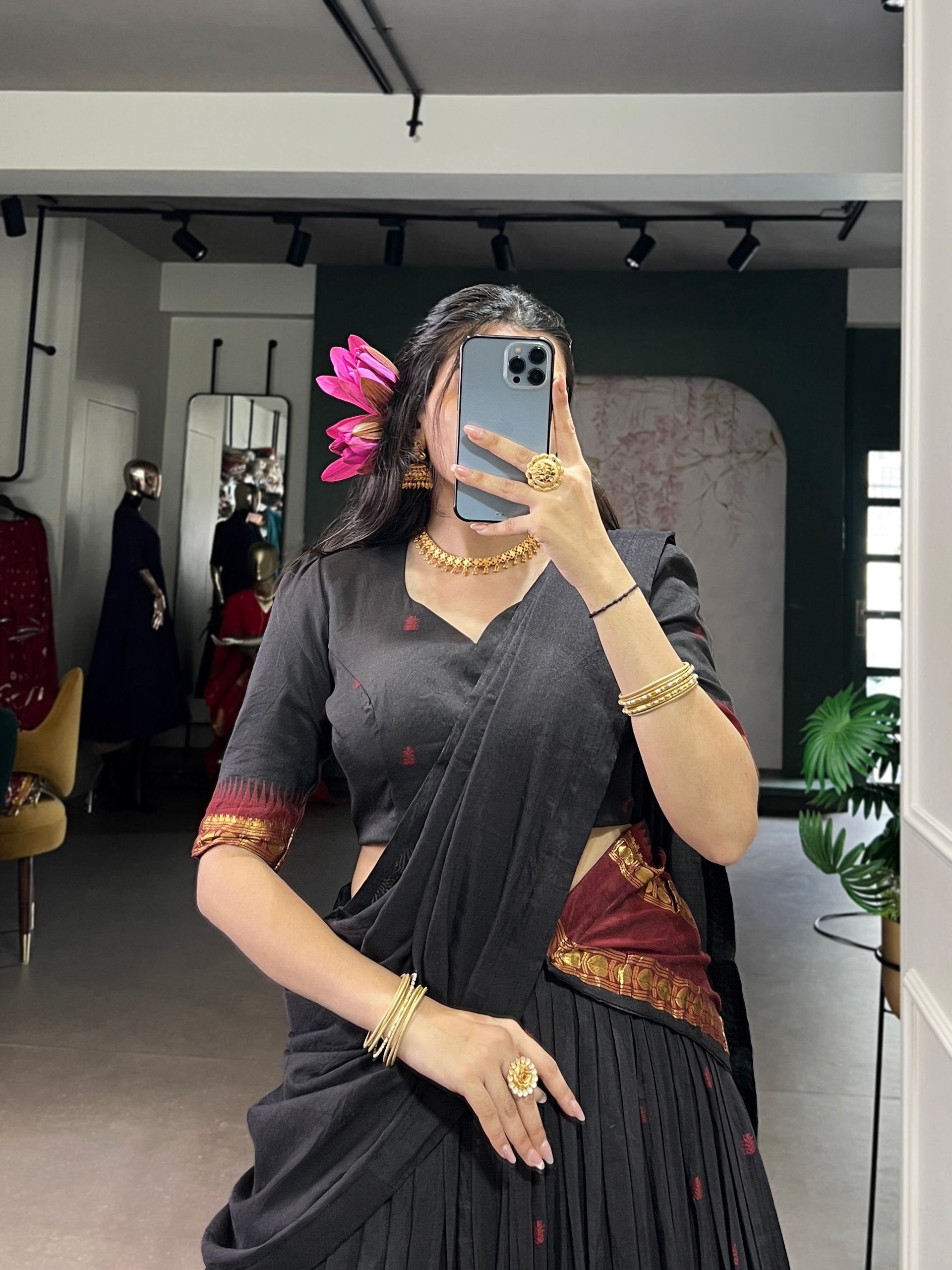 Black Pure Chanderi Silk Zari Weaving Lehenga Choli