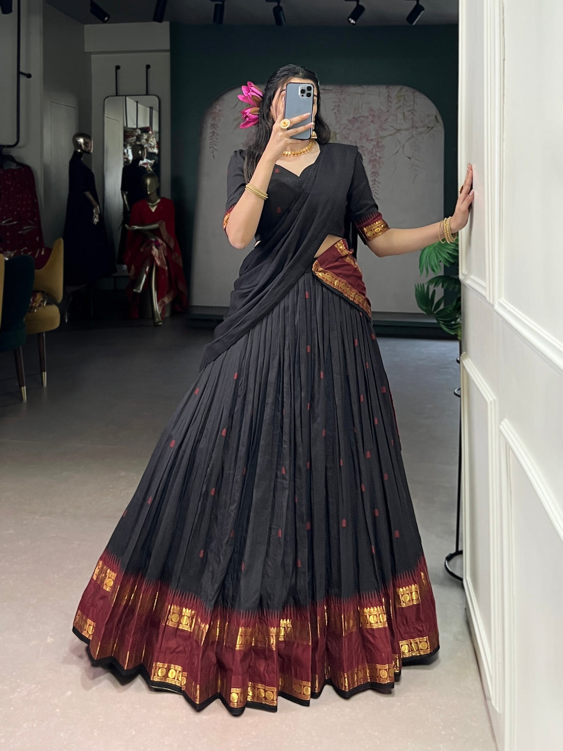 Black Pure Chanderi Silk Zari Weaving Lehenga Choli South Lehenga Choli Anant Tex Exports Pvt.Ltd..