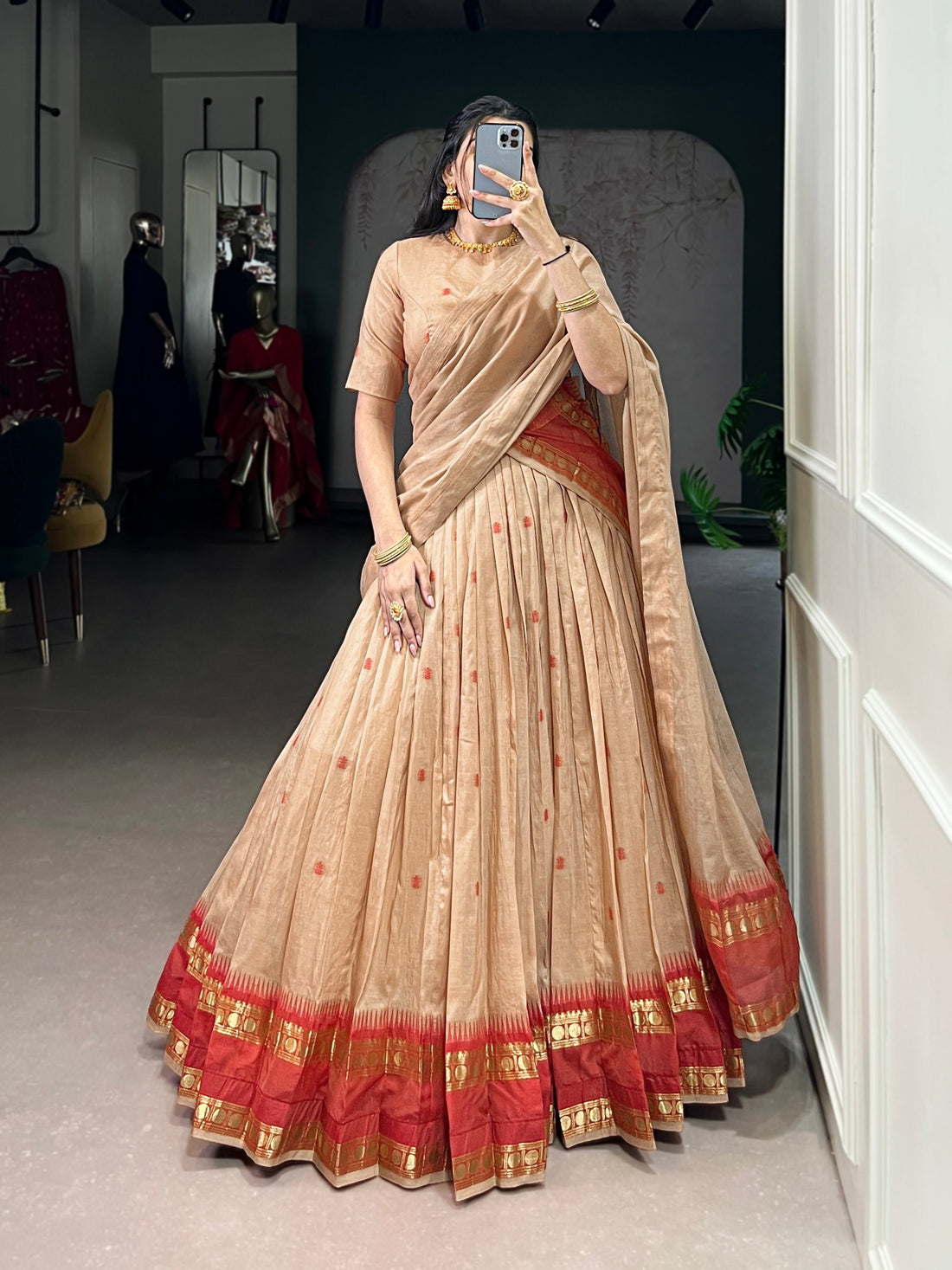 Cream Pure Chanderi Silk Zari Weaving Lehenga Choli South Lehenga Choli Anant Tex Exports Pvt.Ltd..