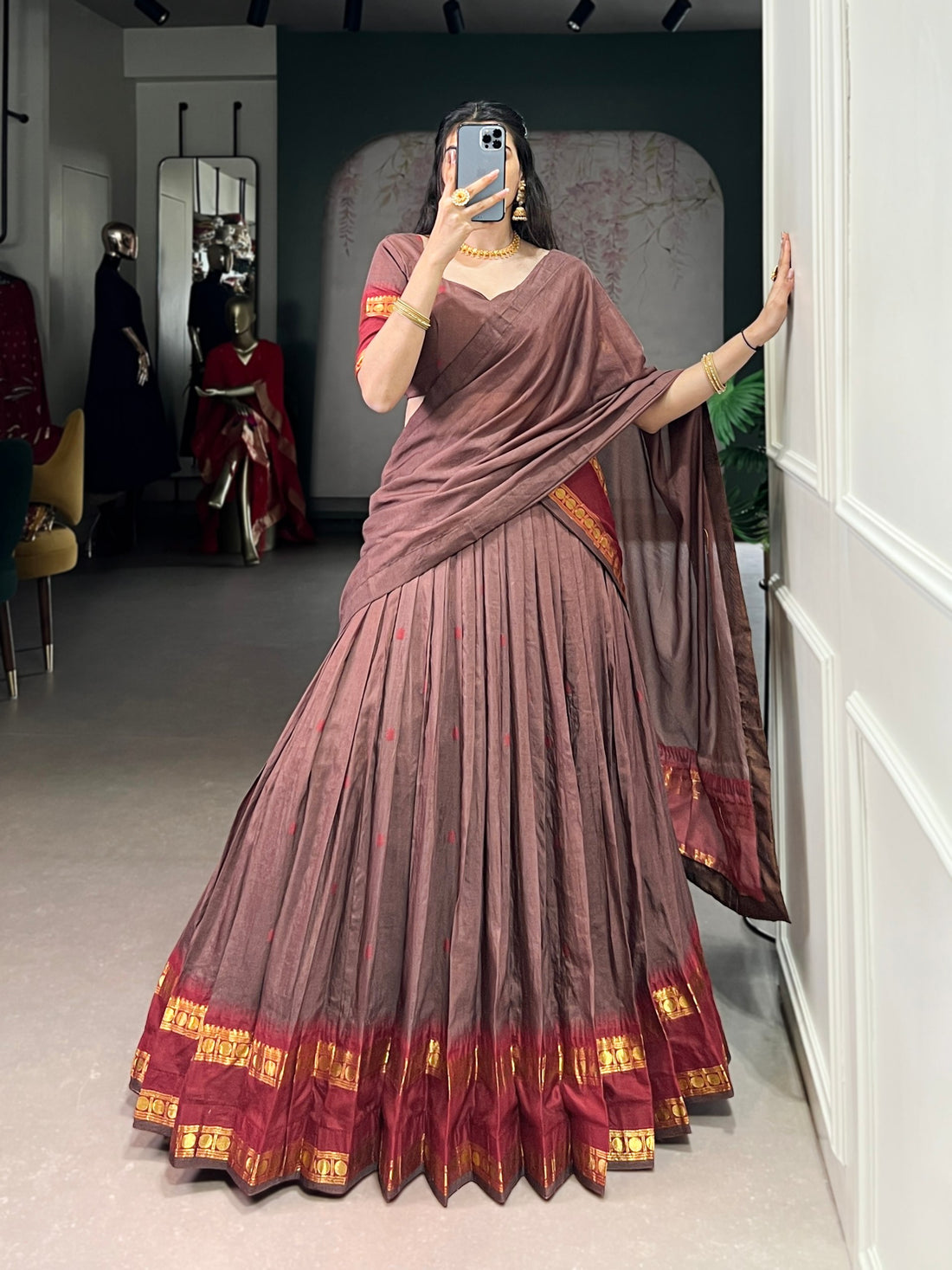 Brown Pure Chanderi Silk Zari Weaving Lehenga Choli South Lehenga Choli Anant Tex Exports Pvt.Ltd..