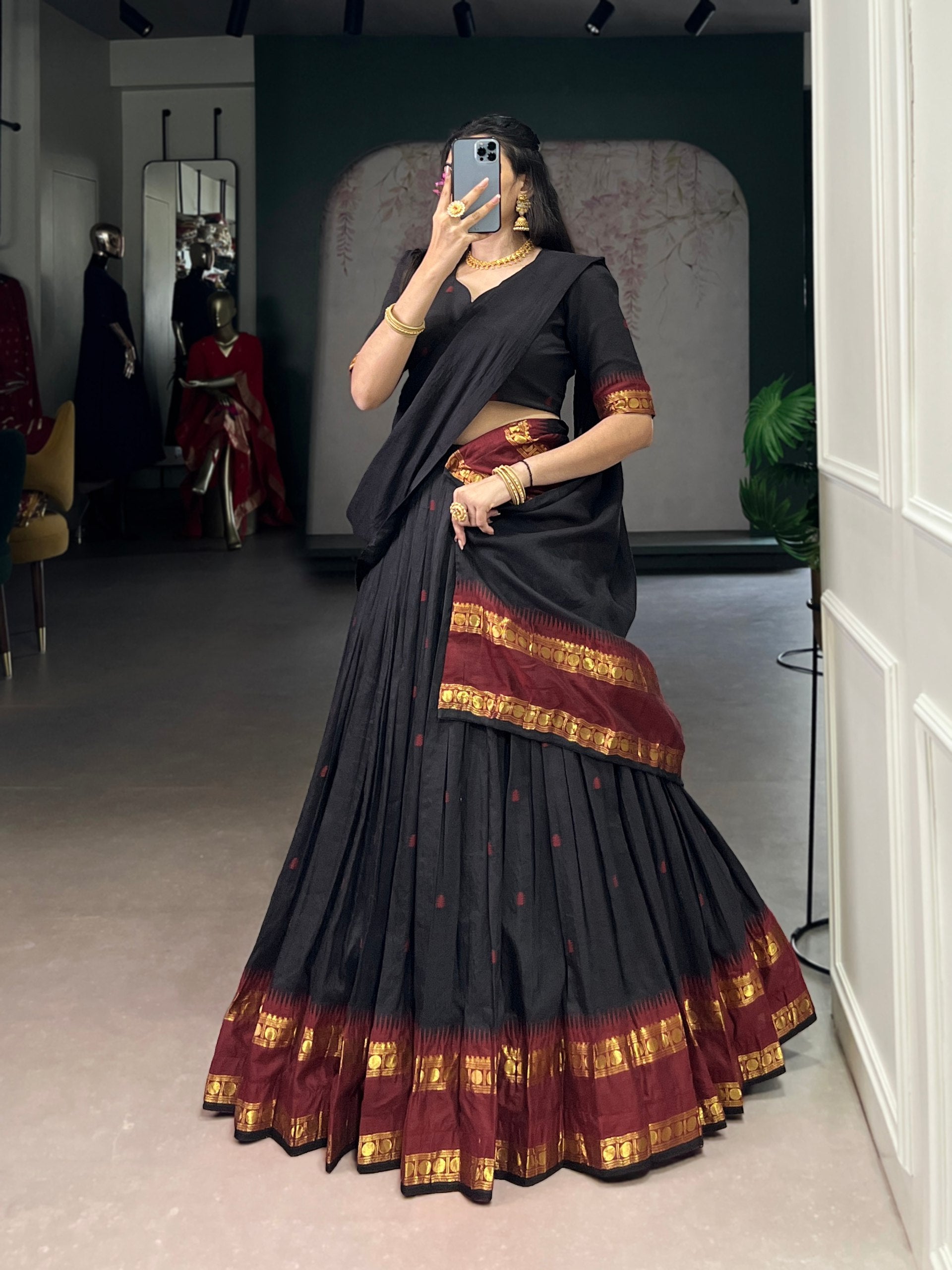 Black Pure Chanderi Silk Zari Weaving Lehenga Choli South Lehenga Choli Anant Tex Exports Pvt.Ltd..