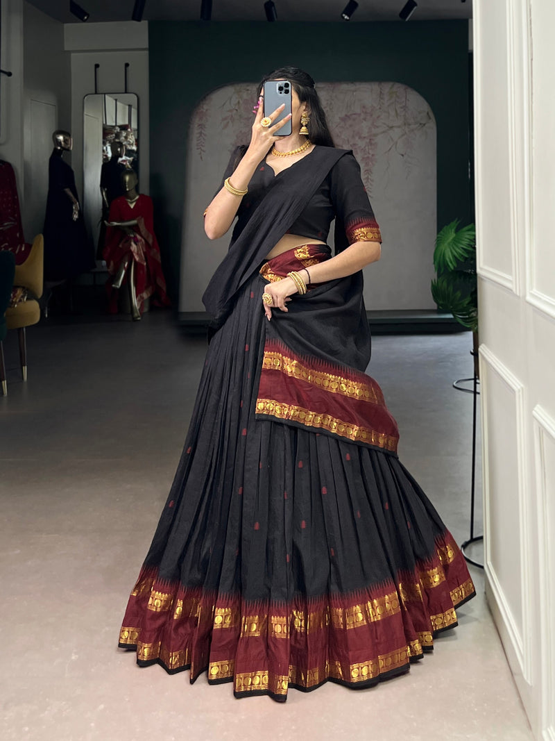 Black Pure Chanderi Silk Zari Weaving Lehenga Choli