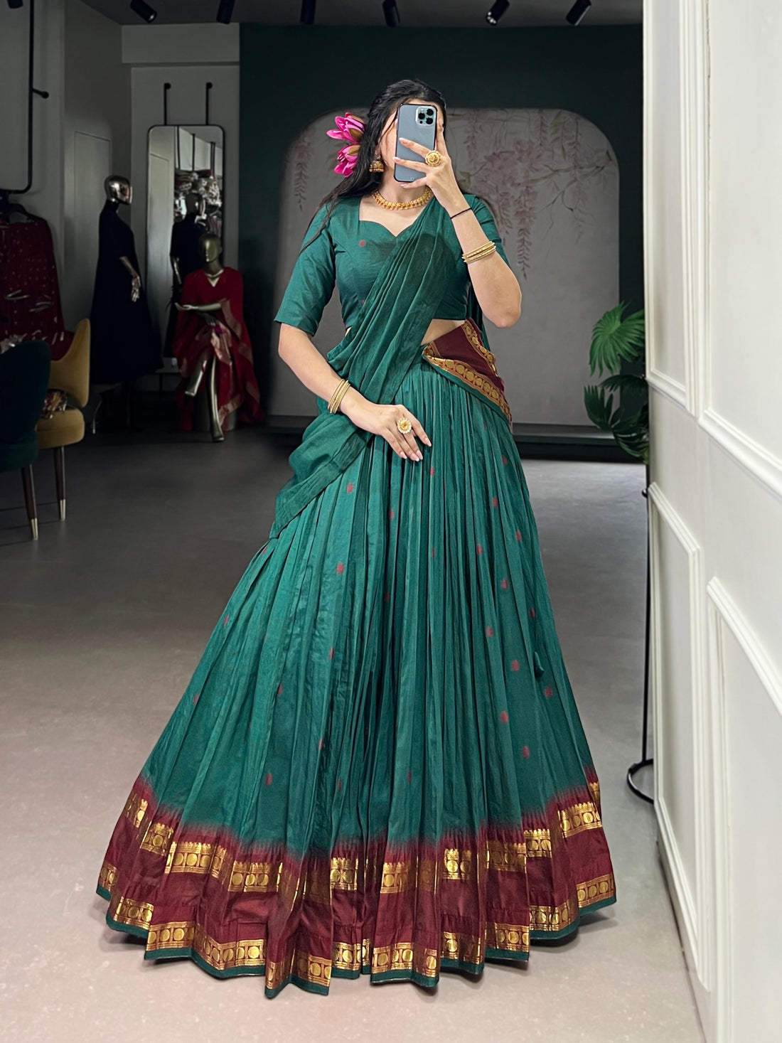 Teal Pure Chanderi Silk Zari Weaving Lehenga Choli South Lehenga Choli Anant Tex Exports Pvt.Ltd..