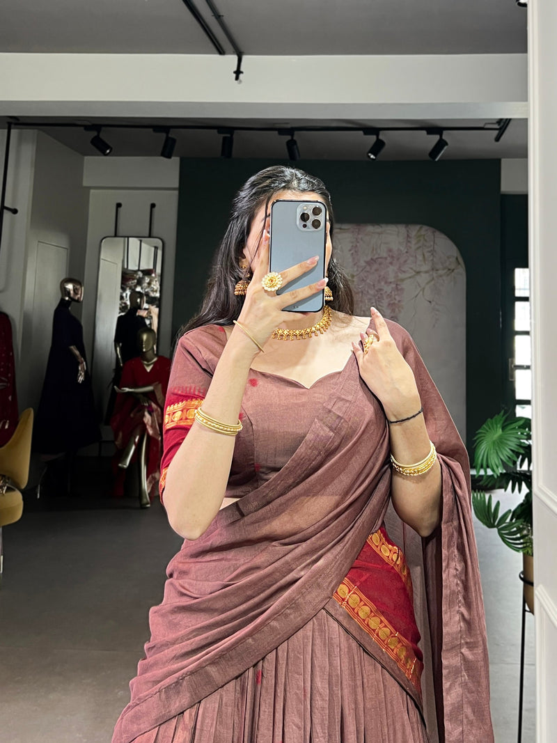 Brown Pure Chanderi Silk Zari Weaving Lehenga Choli