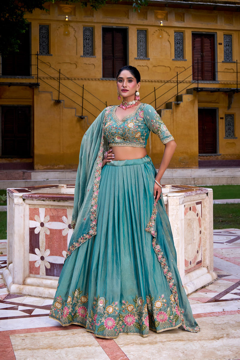 Sky Blue Pure Zari Shimmer Heavy Embroidery Wedding Lehenga Choli