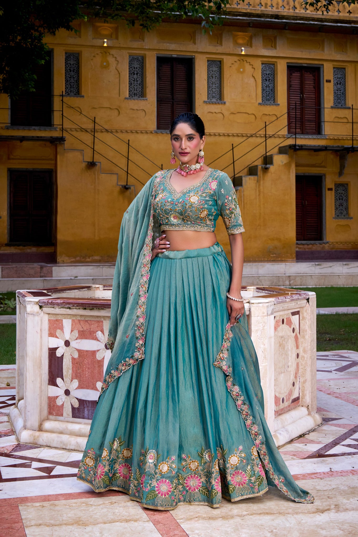 Sky Blue Pure Zari Shimmer Heavy Embroidery Wedding Lehenga Choli