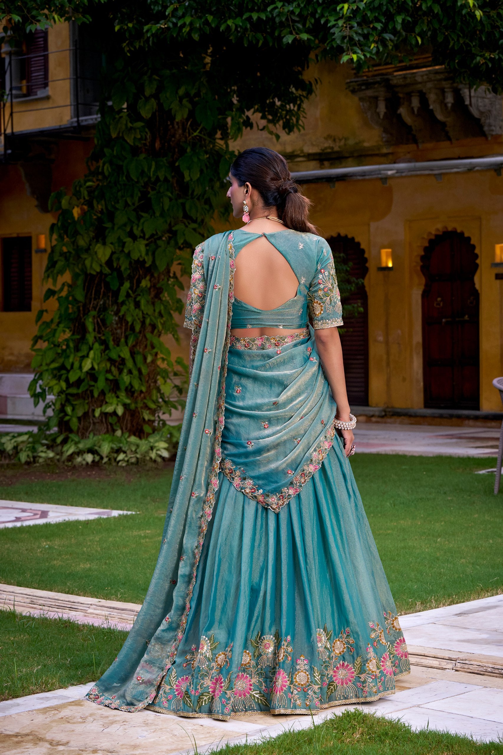 Sky Blue Pure Zari Shimmer Heavy Embroidery Wedding Lehenga Choli