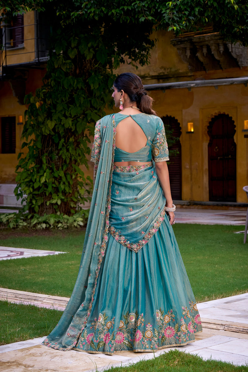 Sky Blue Pure Zari Shimmer Heavy Embroidery Wedding Lehenga Choli