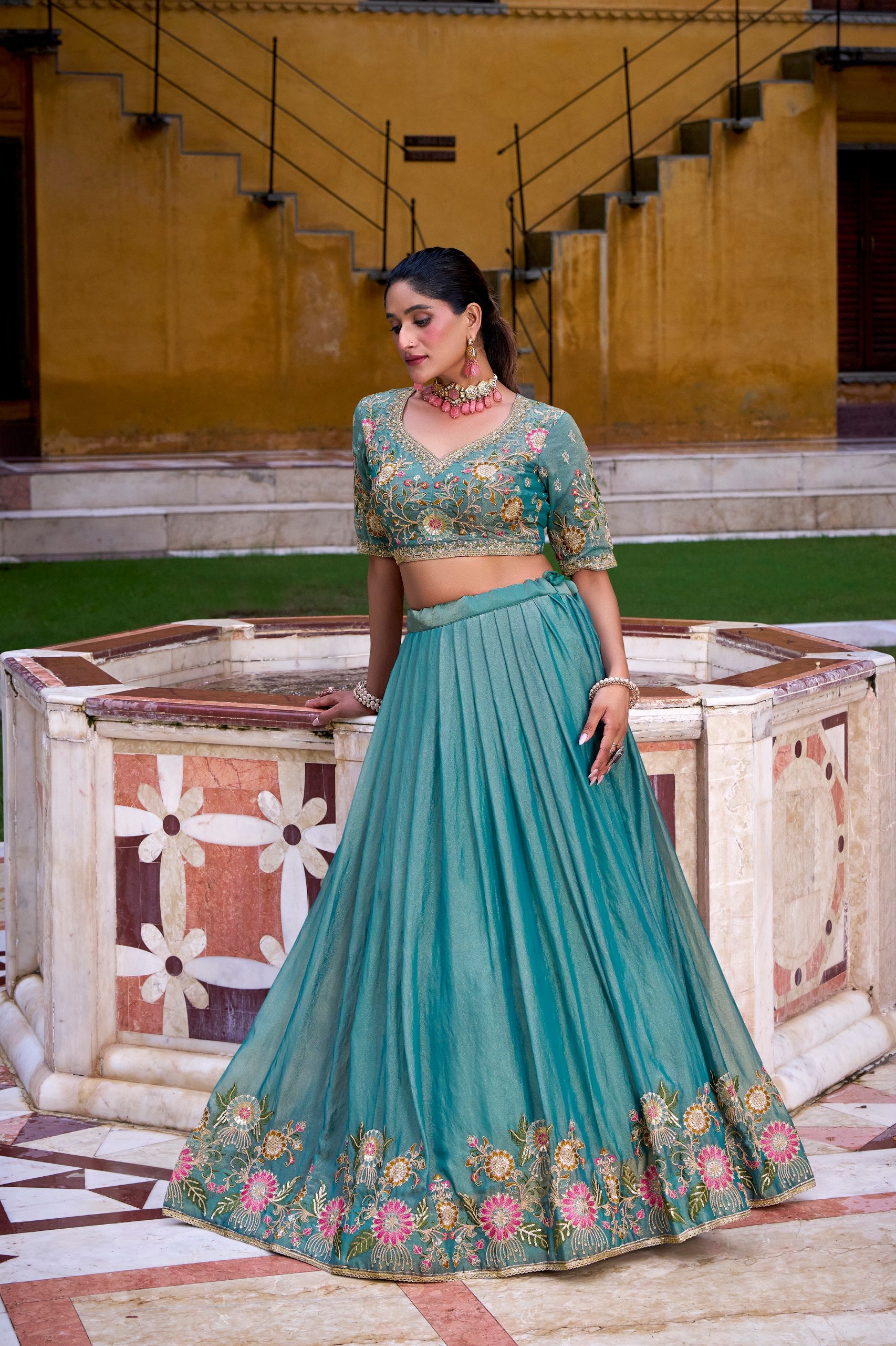 Sky Blue Pure Zari Shimmer Heavy Embroidery Wedding Lehenga Choli