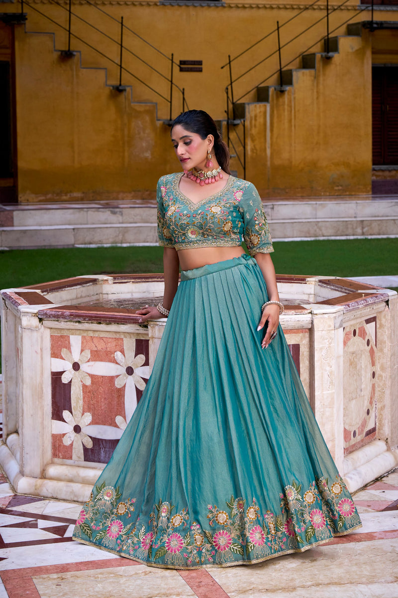 Sky Blue Pure Zari Shimmer Heavy Embroidery Wedding Lehenga Choli