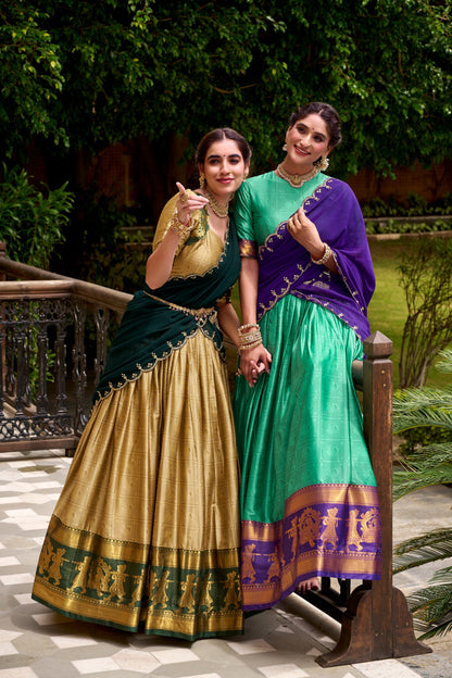 Beige Green Pure Poly Cotton Zari Weaving Lehenga Choli Chaniya Choli Anant Tex Exports Pvt.Ltd..