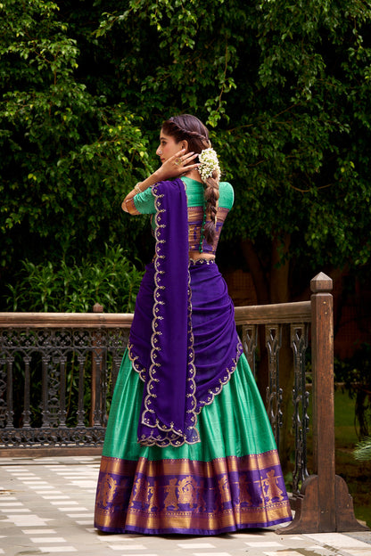 Beige Green Pure Poly Cotton Zari Weaving Lehenga Choli Chaniya Choli Anant Tex Exports Pvt.Ltd..